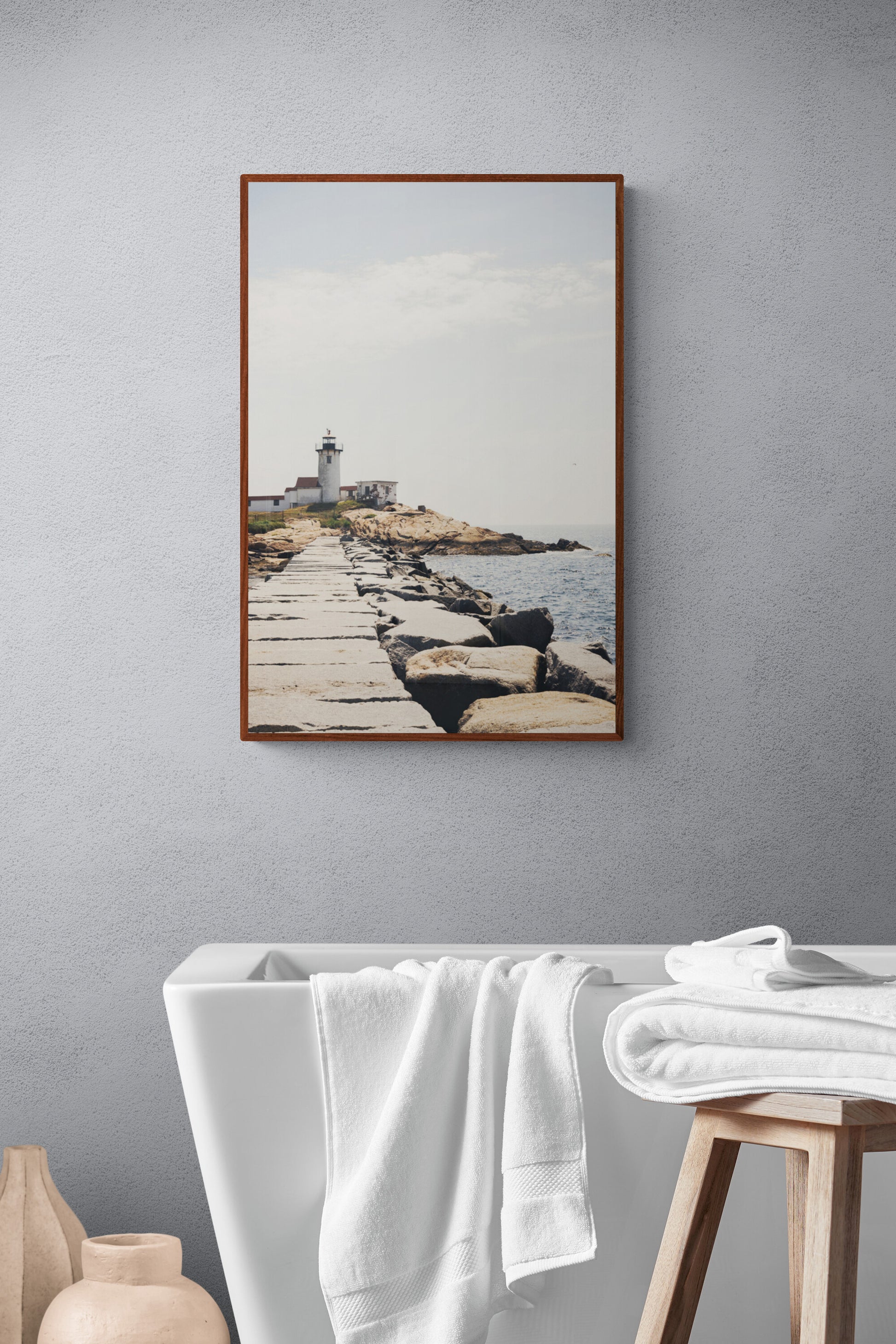 Gloucester lighthouse photograph print as wall art in a bathroom