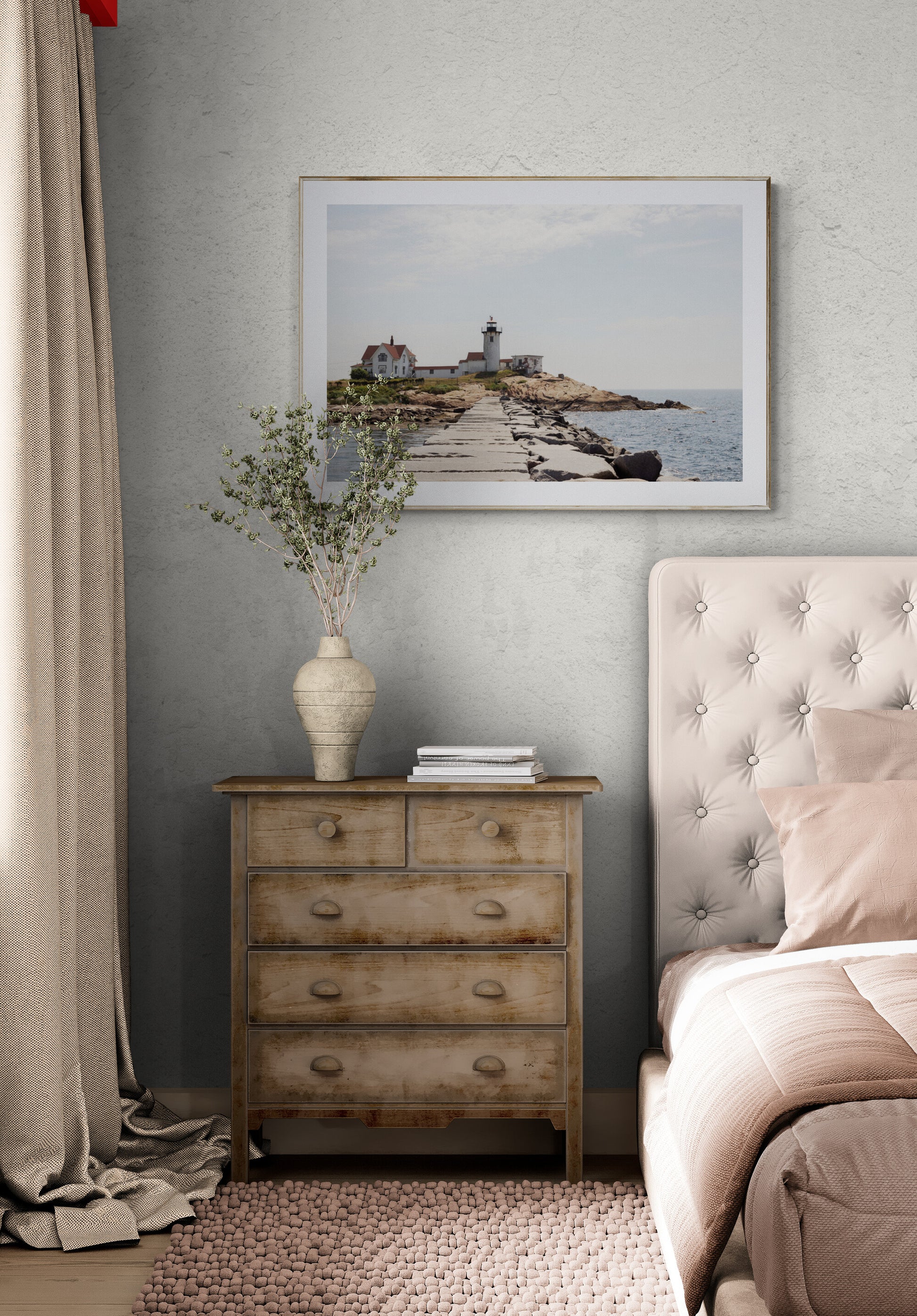 A photograph of Eastern Point lighthouse in Gloucester MA as bedroom wall art