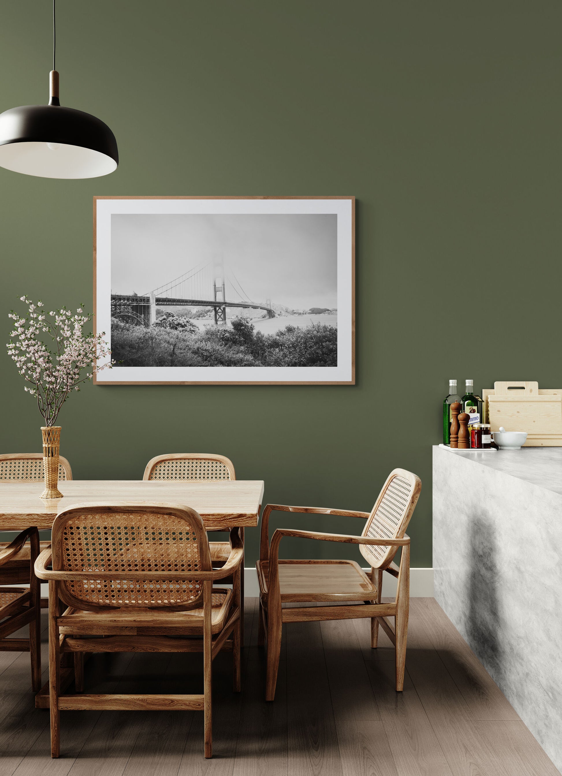 Golden gate bridge photograph black & white print in a dining room as wall decor