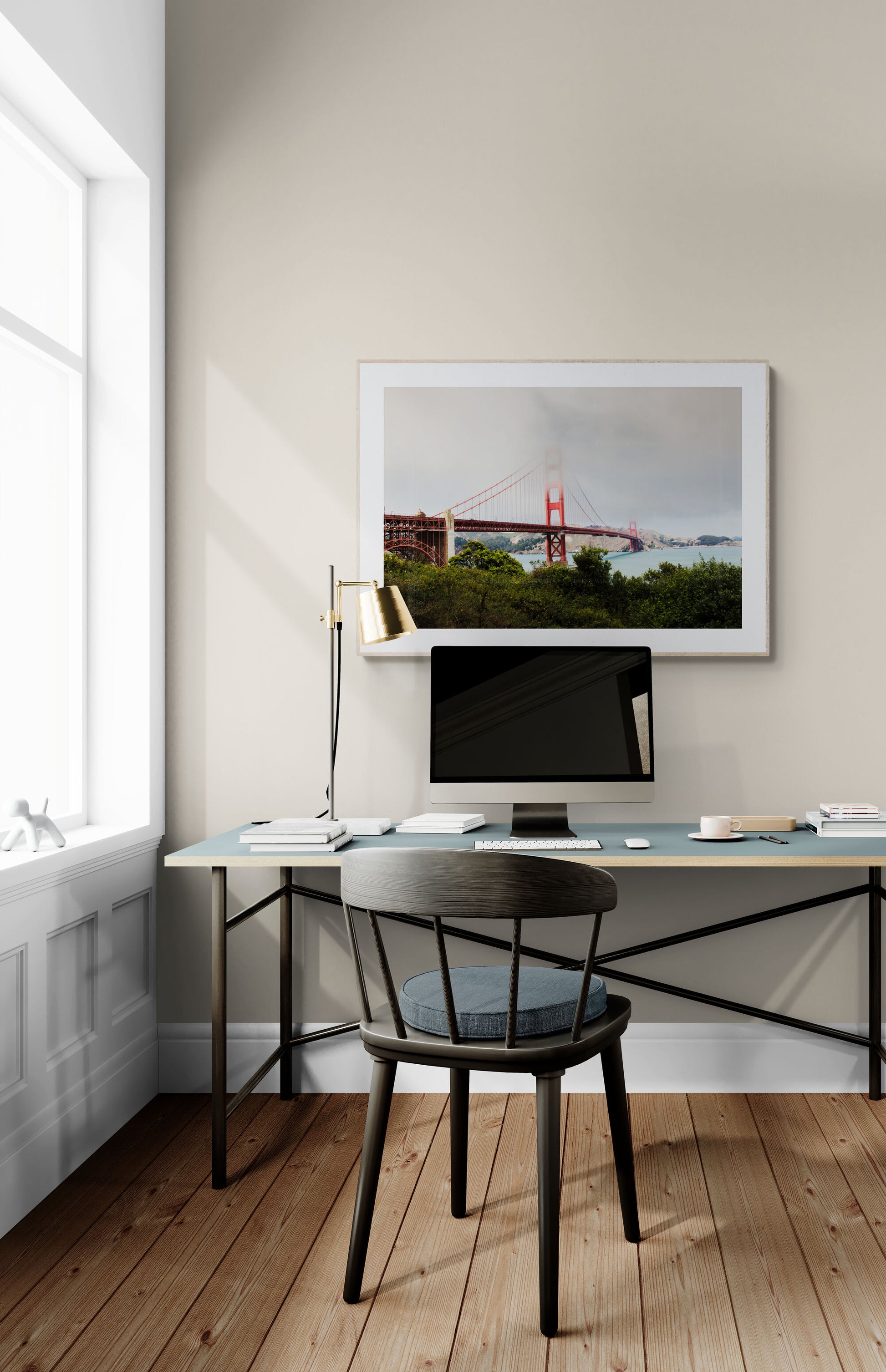 Golden gate bridge photograph print in a home office as wall decor