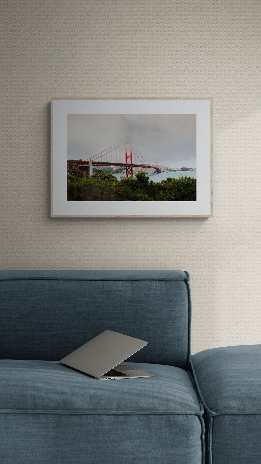 Golden gate bridge photograph print in a living room as wall decor
