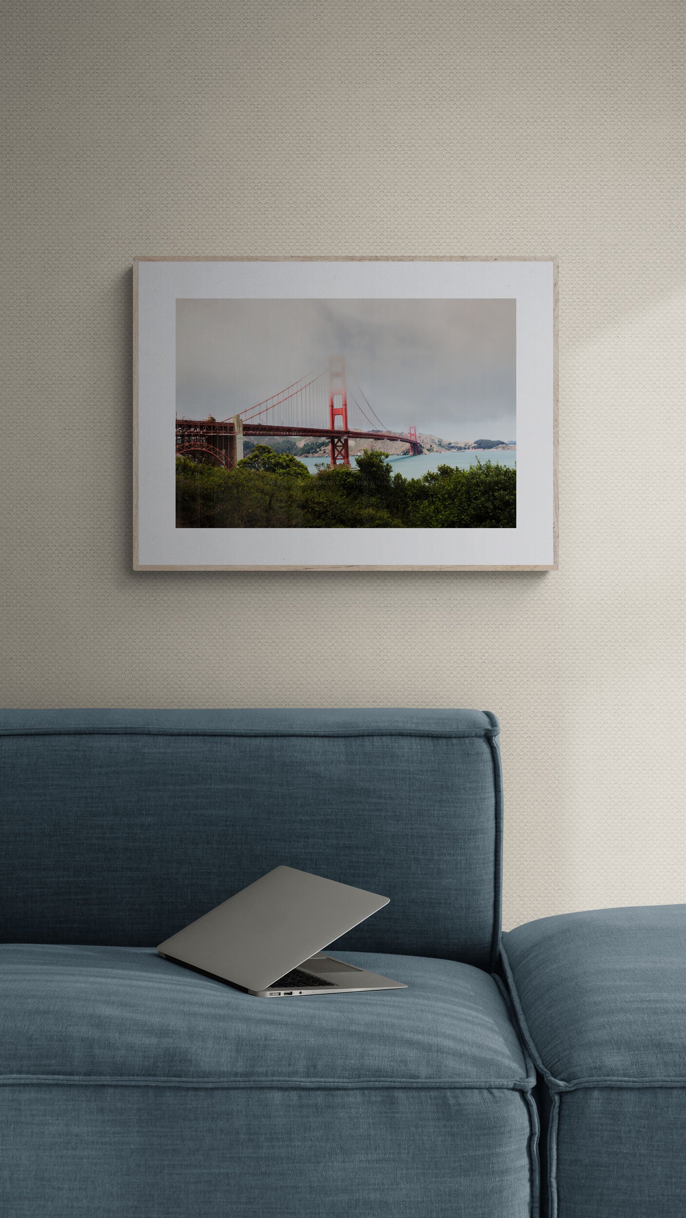 Golden gate bridge photograph print in a living room as wall decor