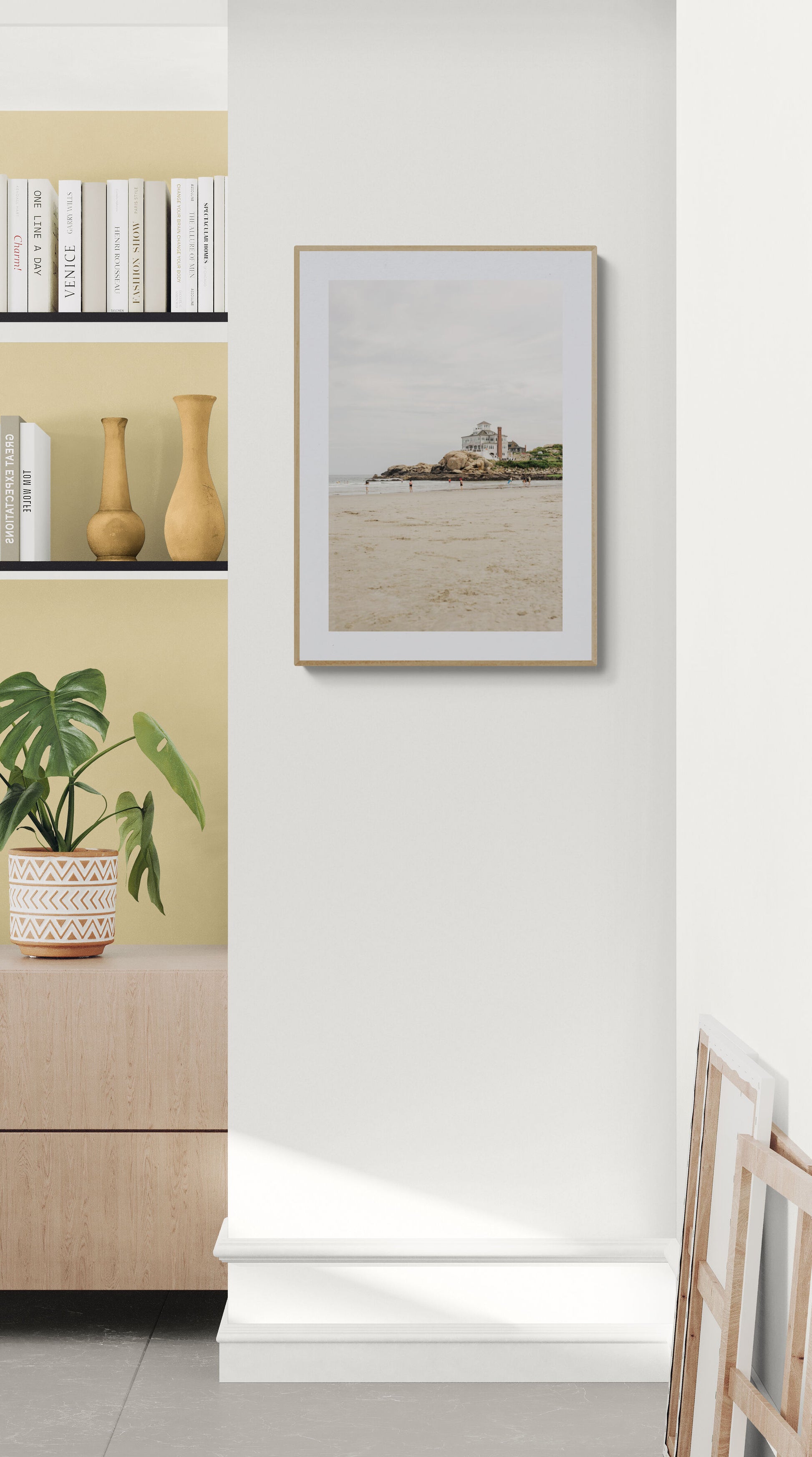 Framed Photograph of Good Harbor Beach in Gloucester MA in a hallway as wall art decor. 