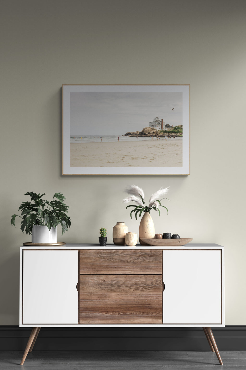Framed Photograph of Good Harbor Beach in Gloucester MA in a hallway as wall art decor. 