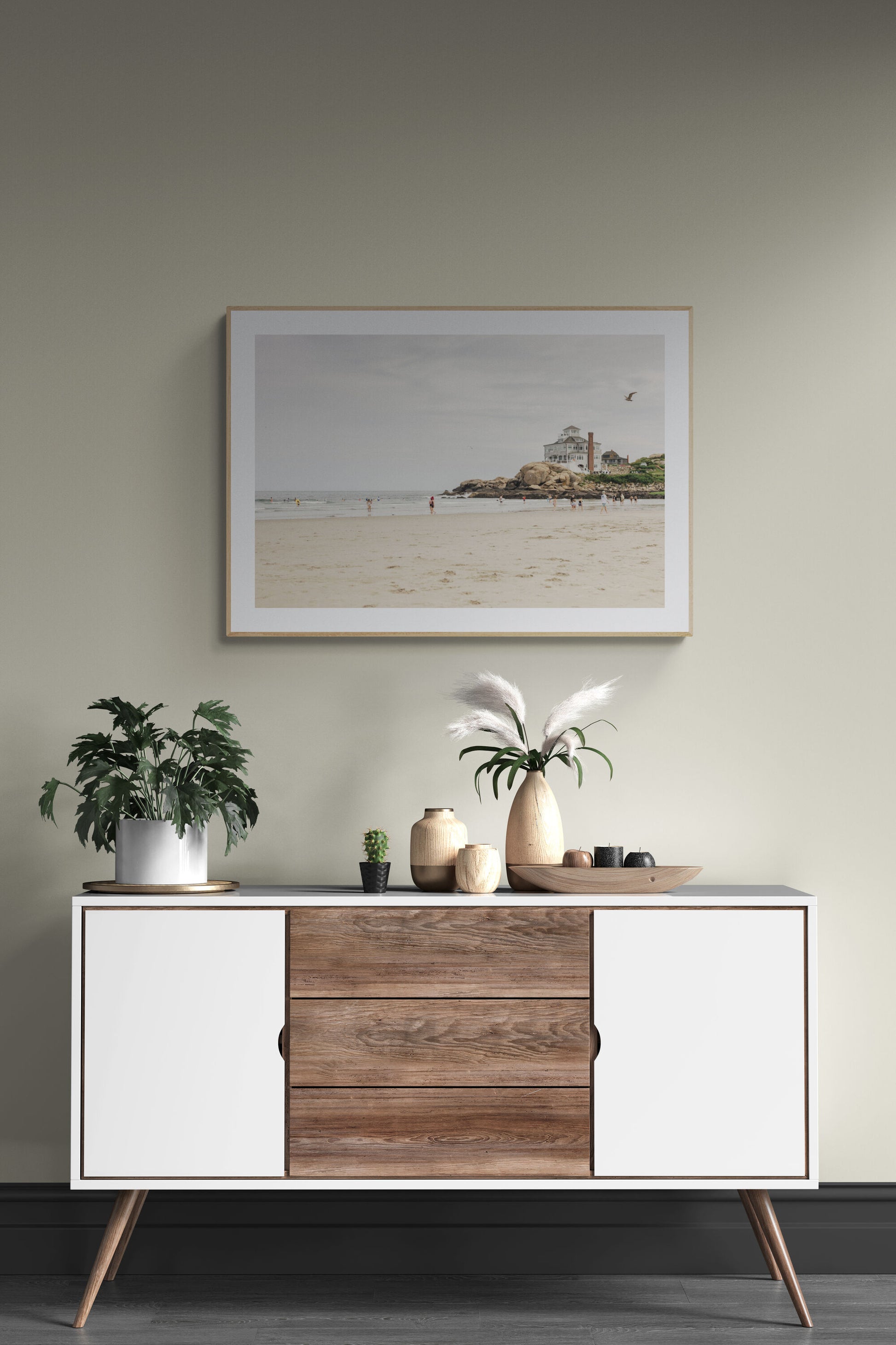 Framed Photograph of Good Harbor Beach in Gloucester MA in a hallway as wall art decor. 