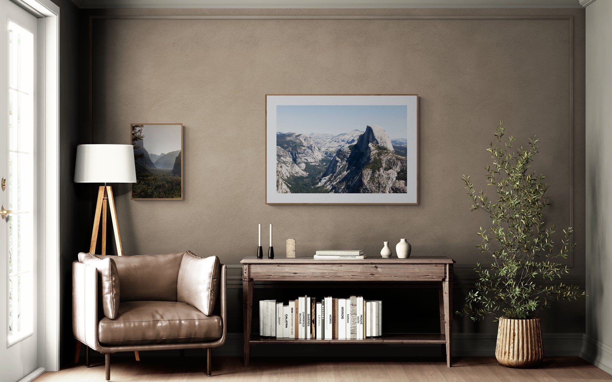 A photograph of half dome in Yosemite National Park in a living room as large wall art