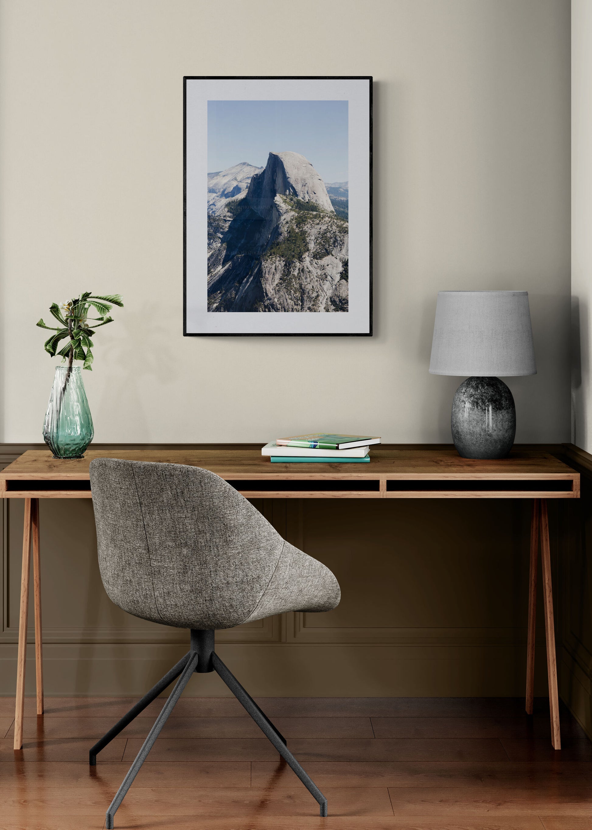 Photograph of half dome yosemite as wall art in a home office