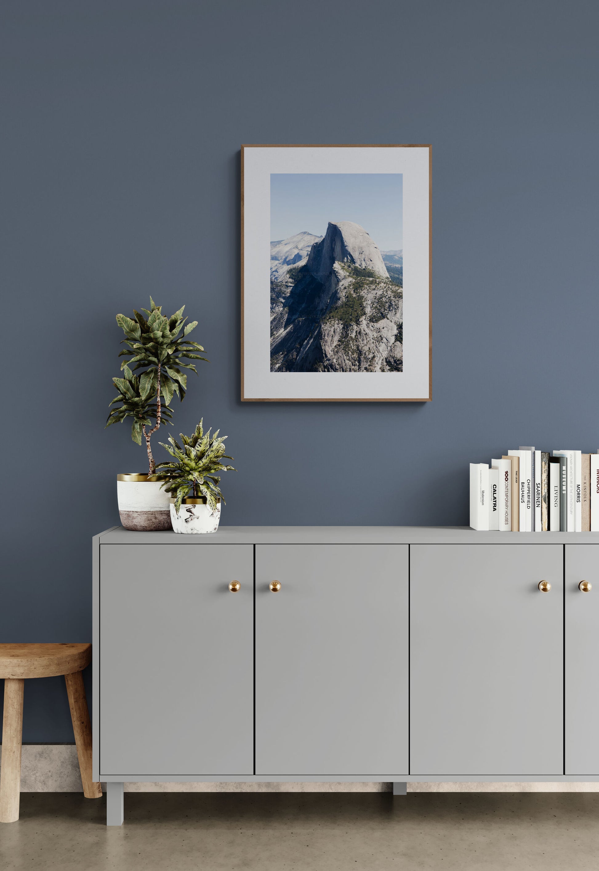 Photograph of half dome yosemite as wall art in a living room