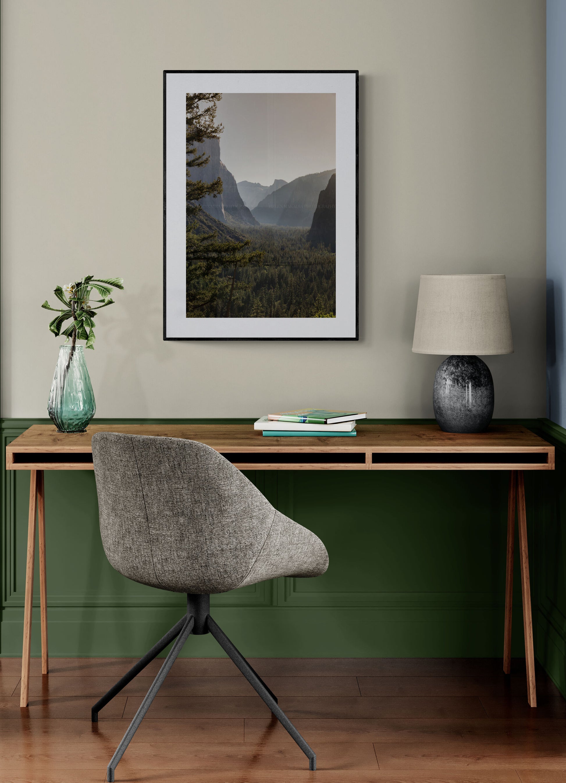 Inspirational photograph of Yosemite national park as wall art in a home office