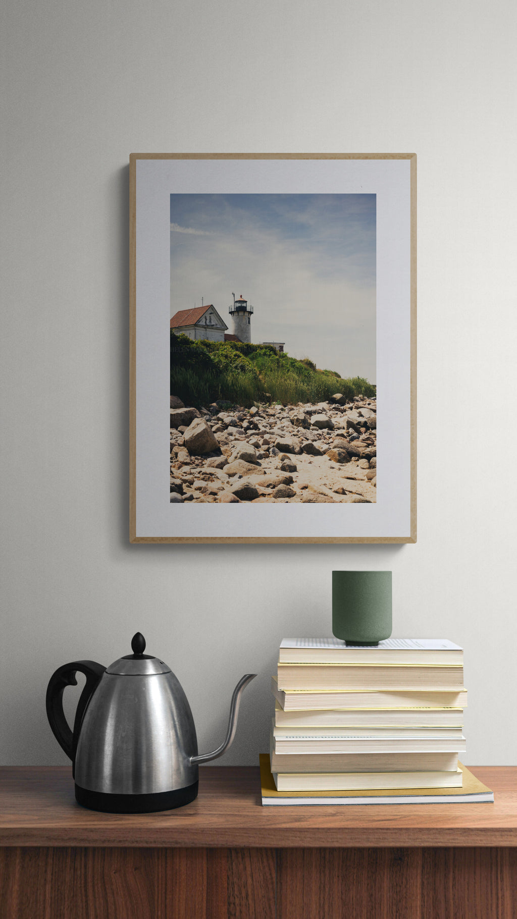 Eastern lighthouse photograph print as  wall art in a home office and study