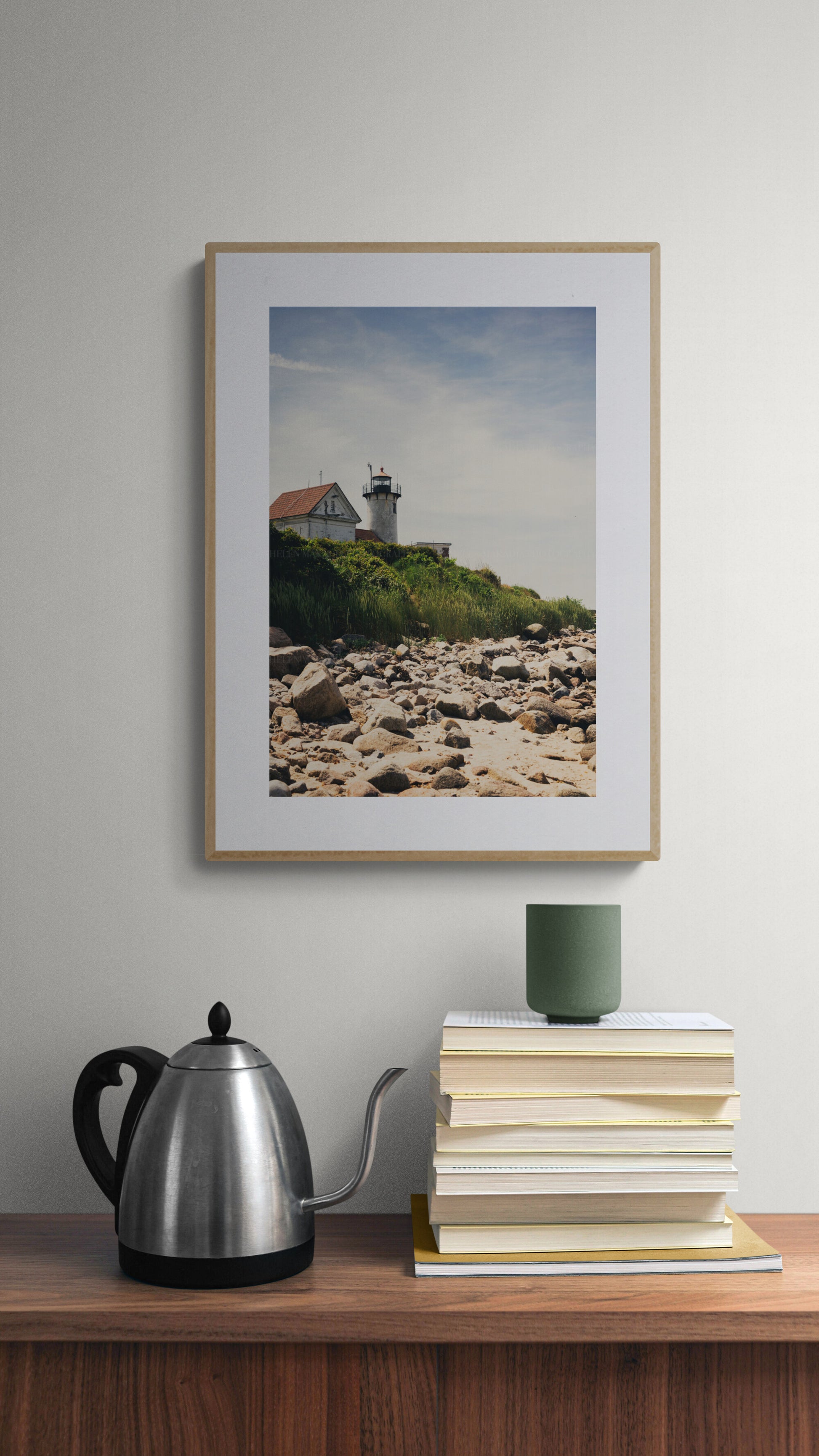 Eastern lighthouse photograph print as  wall art in a home office and study