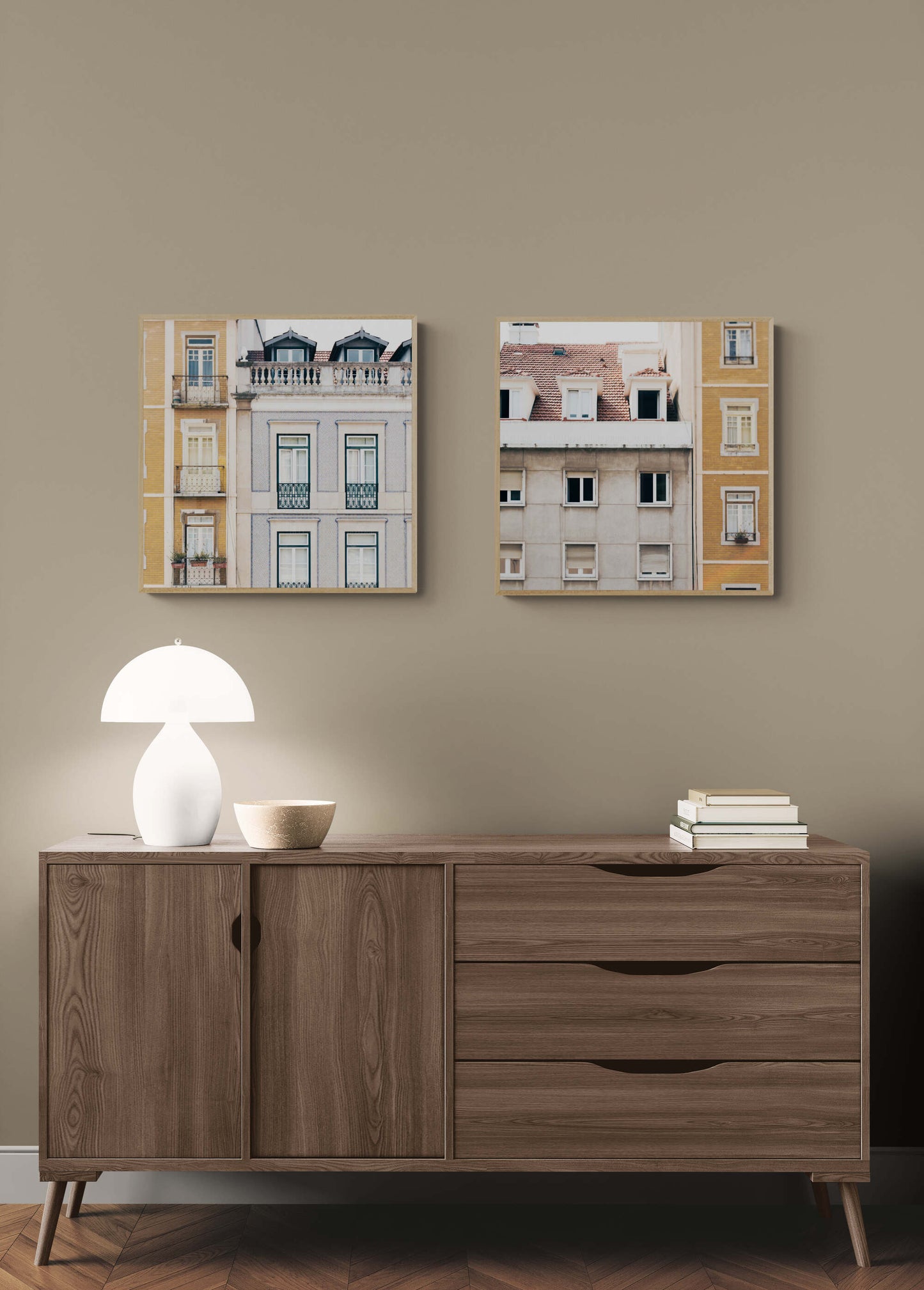 Two architecture photographs of buildings in lisbon portugal in an entryway