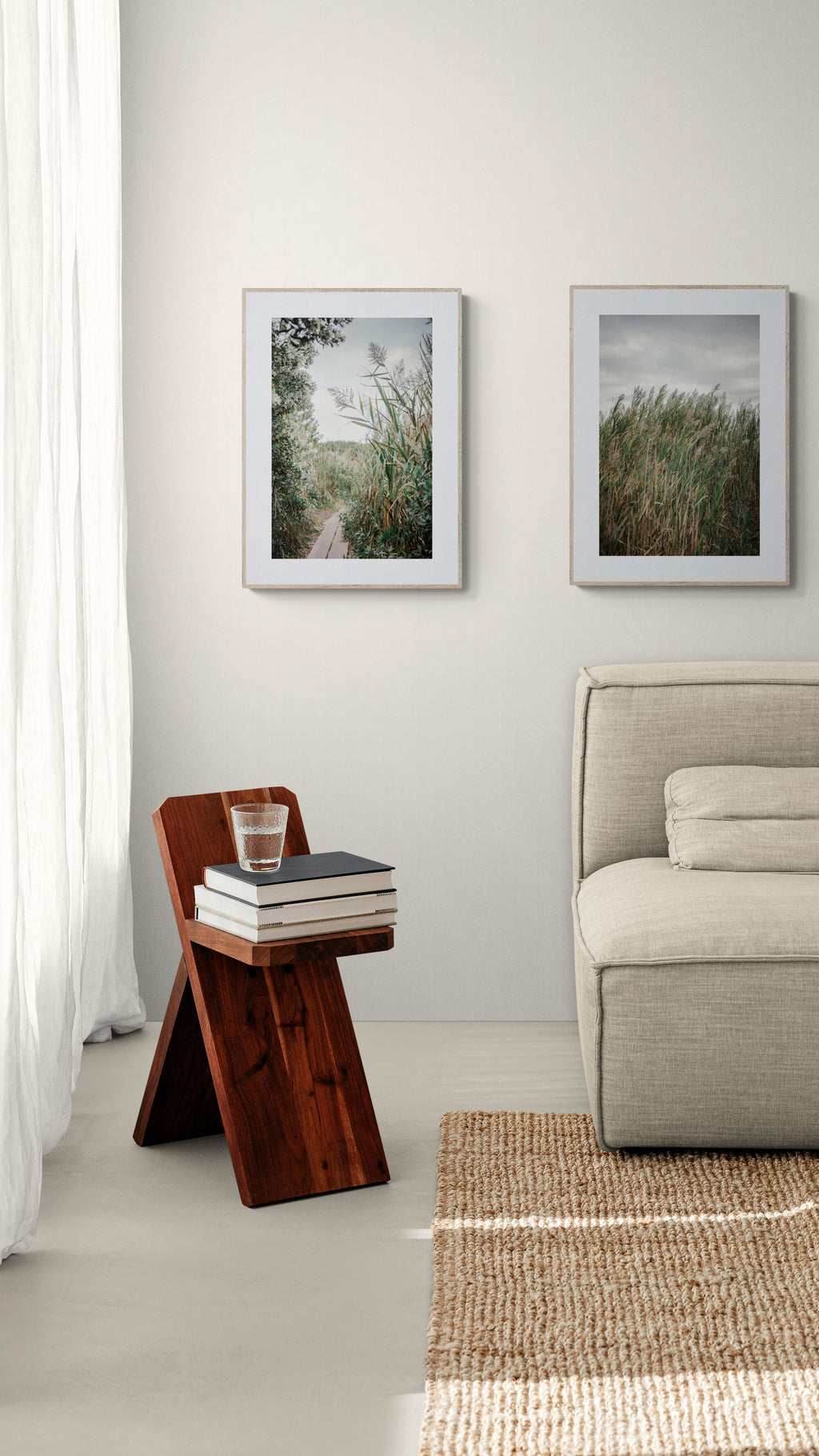 Nature walk witih peaceful and inspirational photographd of tall sea grass and boardwalk as living room wall art.