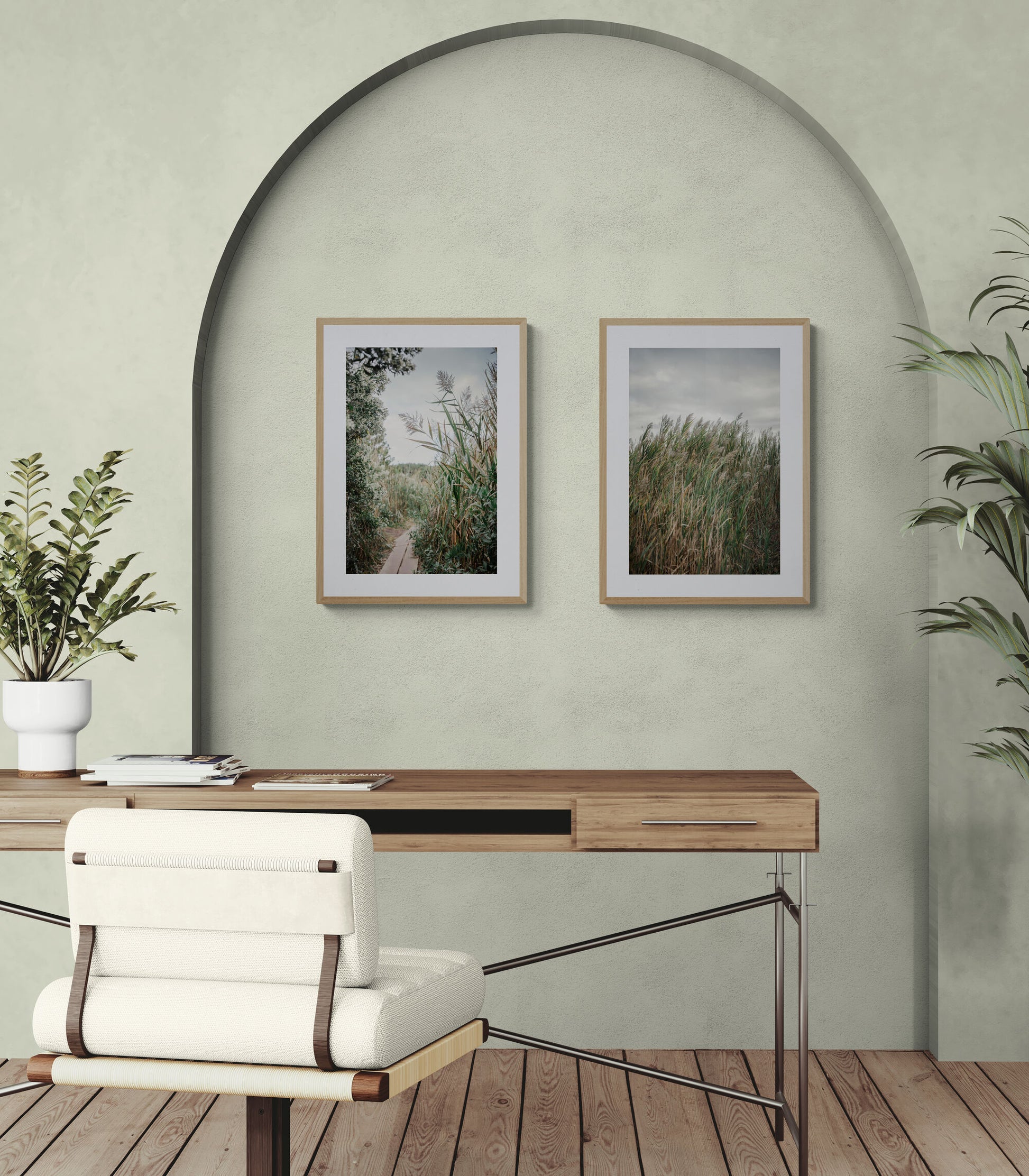 Nature walk witih peaceful and inspirational photographs of tall sea grass as wall decor in a home office.