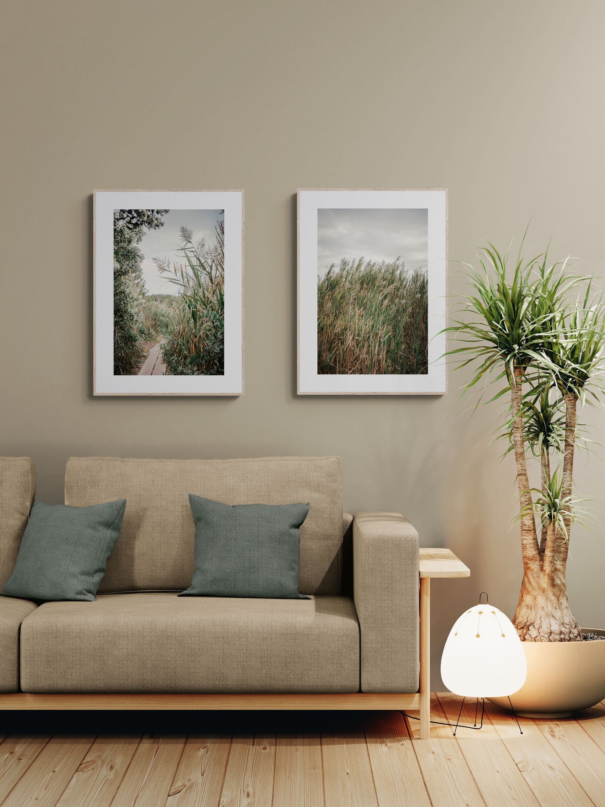 Nature walk witih peaceful and inspirational photograph of tall sea grass set of two prints as wall decor in a sitting room.