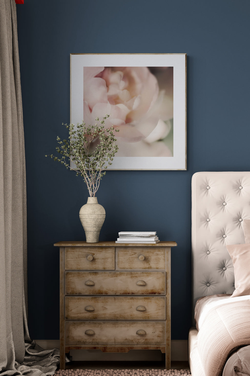 Painterly photograph of peony as bedroom wall art inspiration