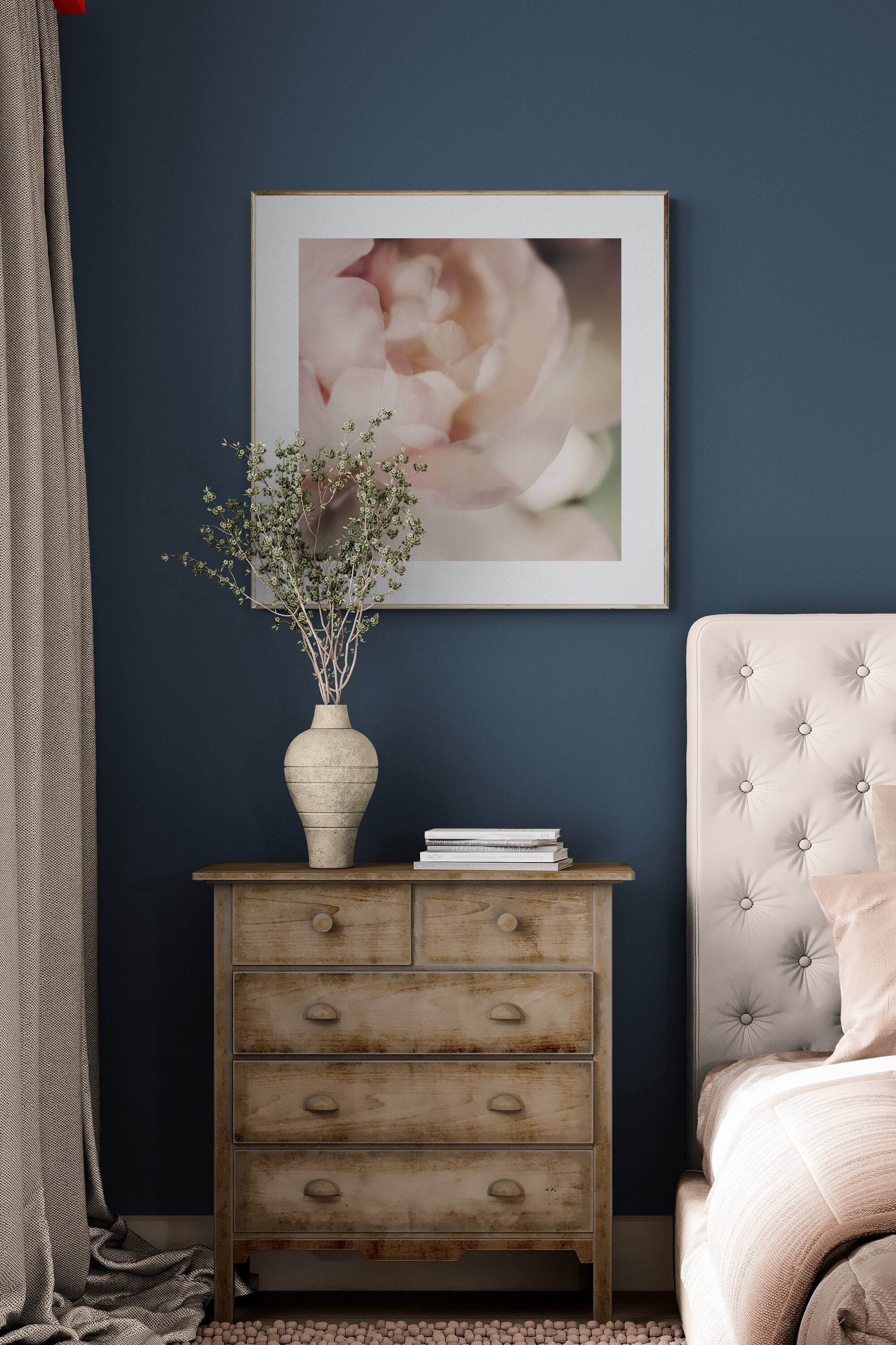Painterly photograph of peony as bedroom wall art inspiration