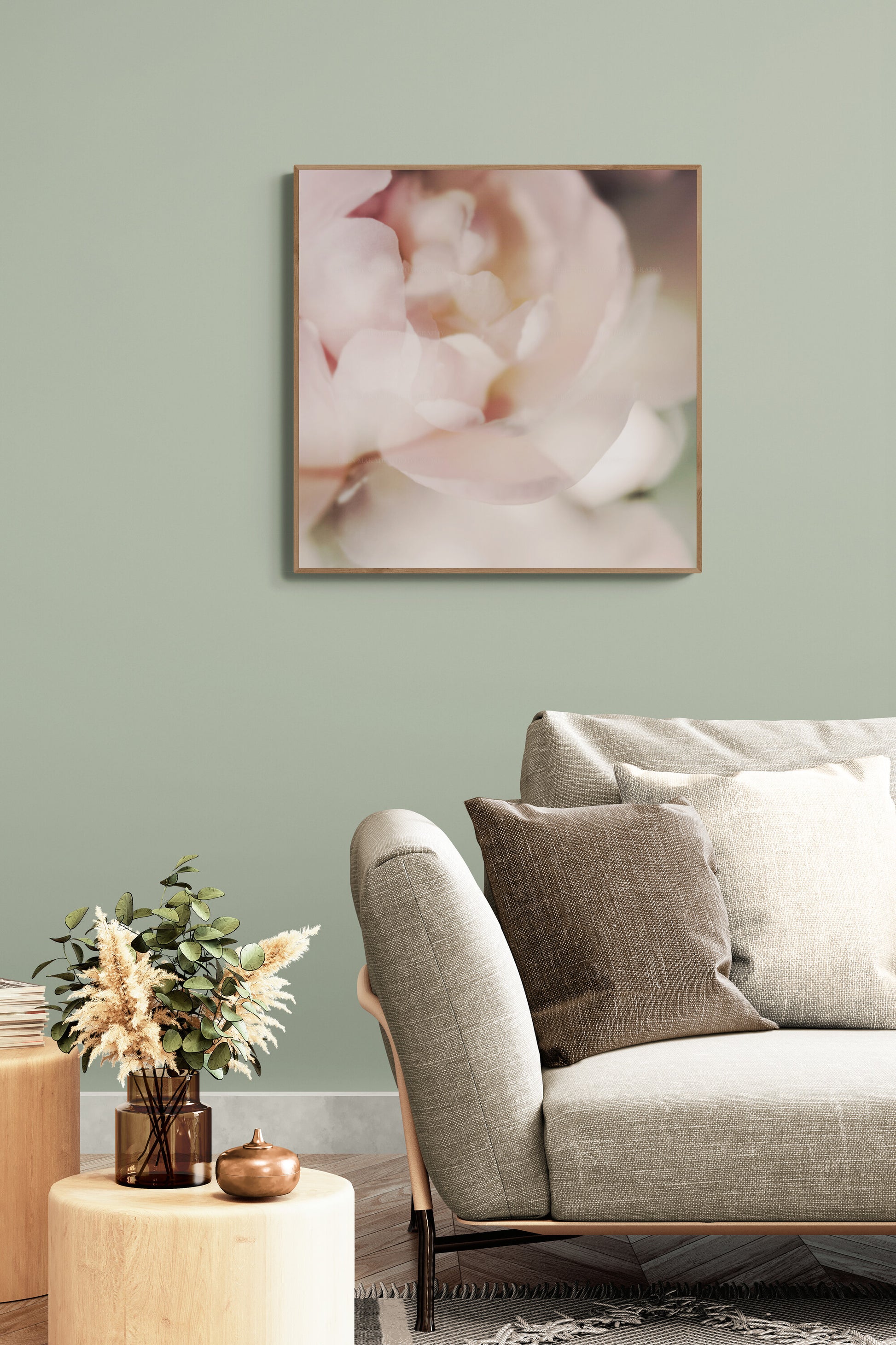 Painterly photograph of peony as living room art inspo