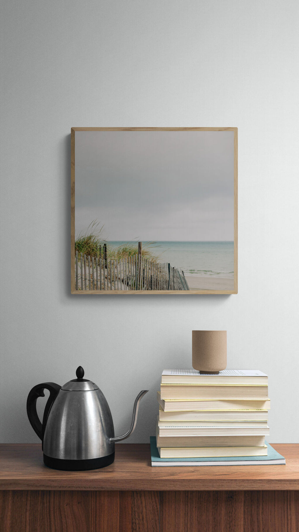 A peaceful beach print scene in a kitchen.