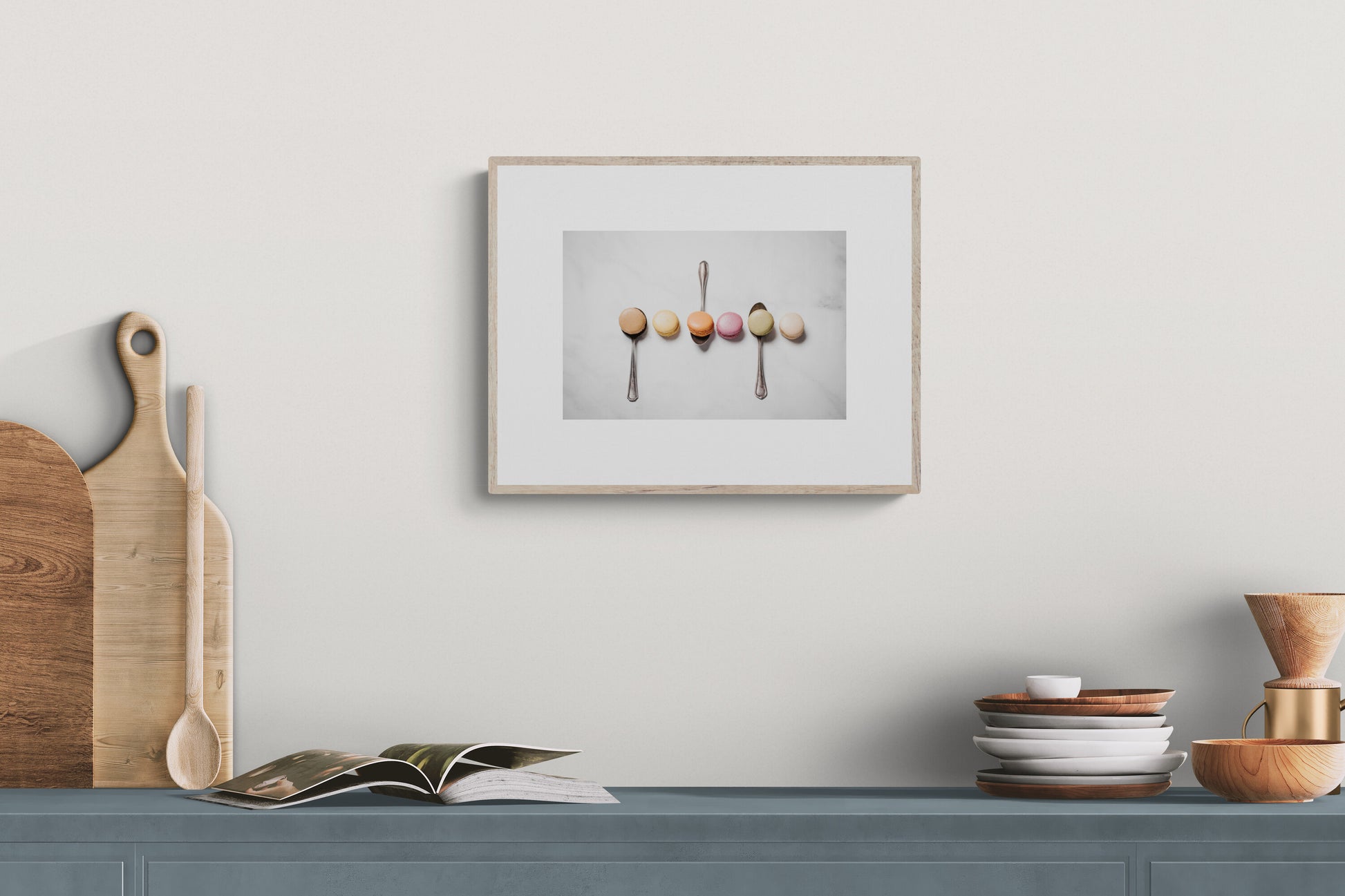 Photograph of pastel macarons in a kichen as wall art