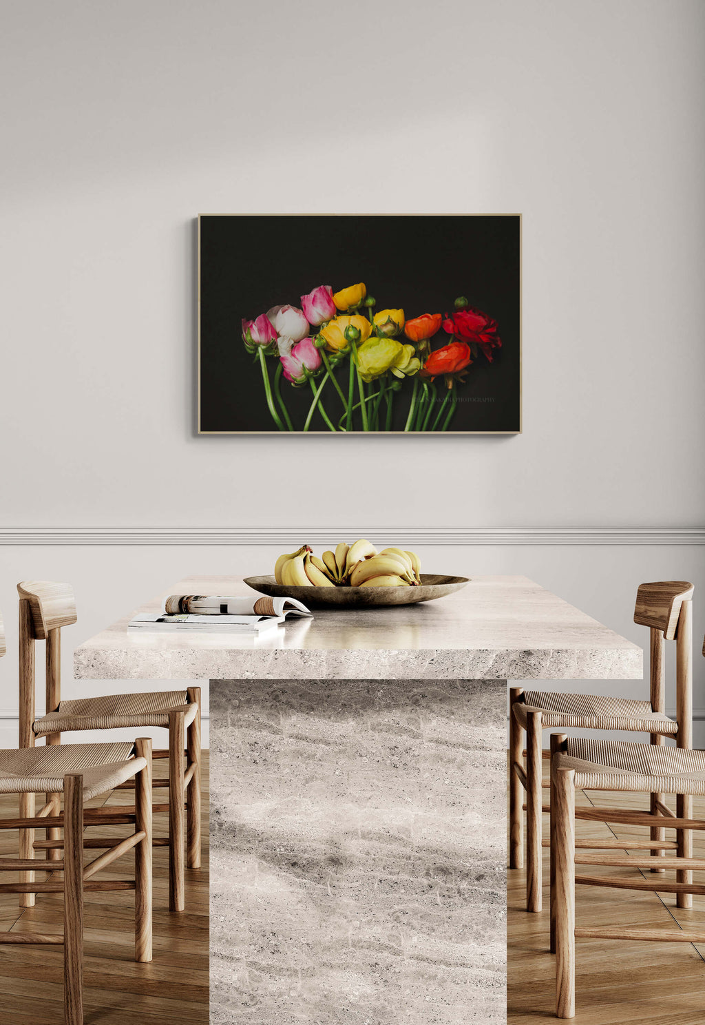 A photograph of a bouquet of colorful ranunculus as dining room wall art 