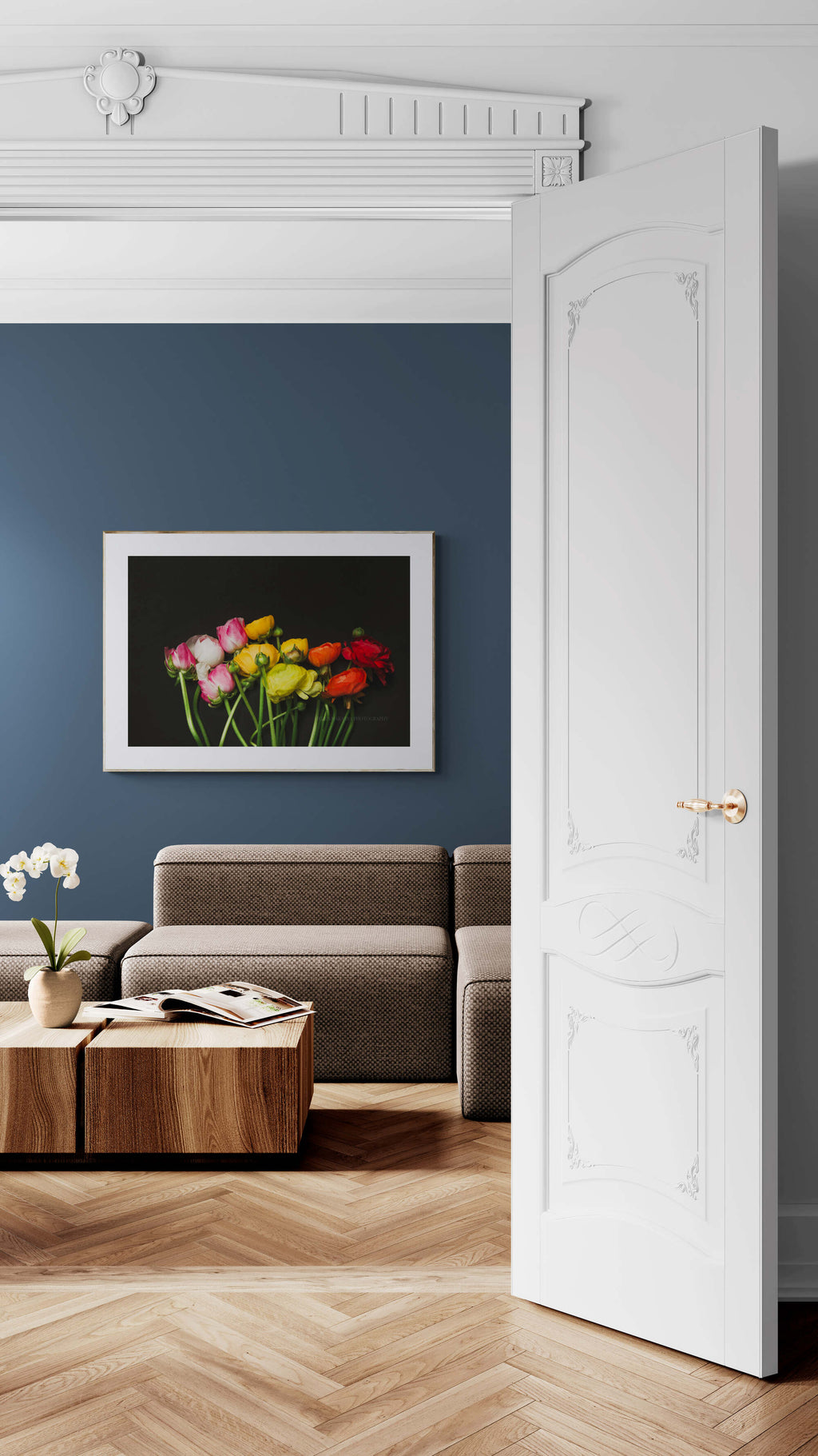 A photograph of ranunculus bouquet as living room wall art
