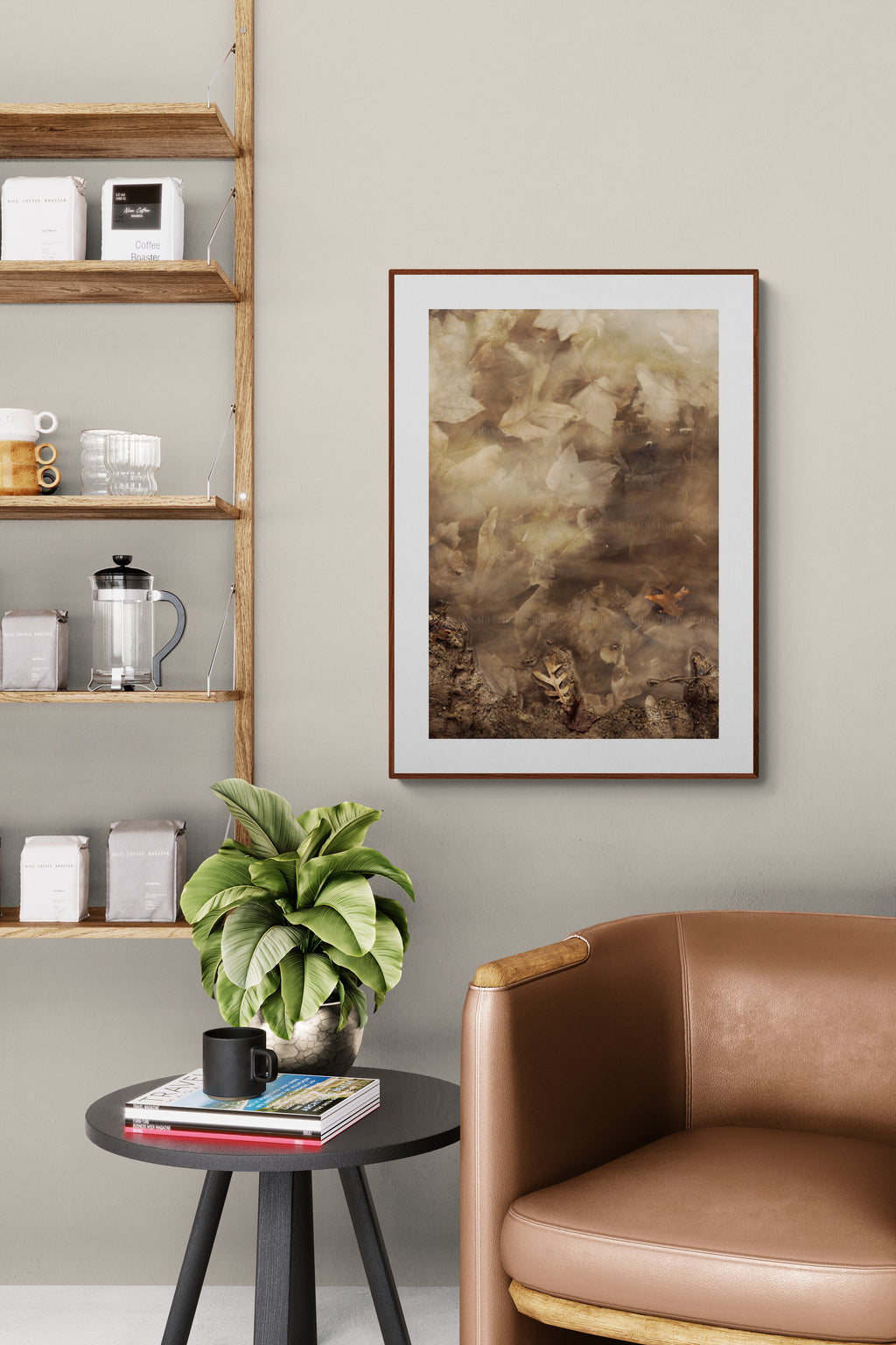 An abstract photograph of maple leaves in a home library as wall art