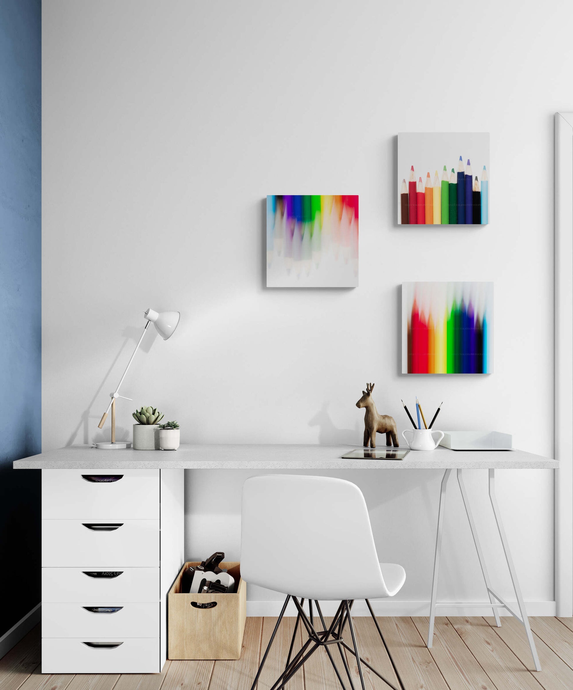 A photograph study of colored pencils as wall art in a home study