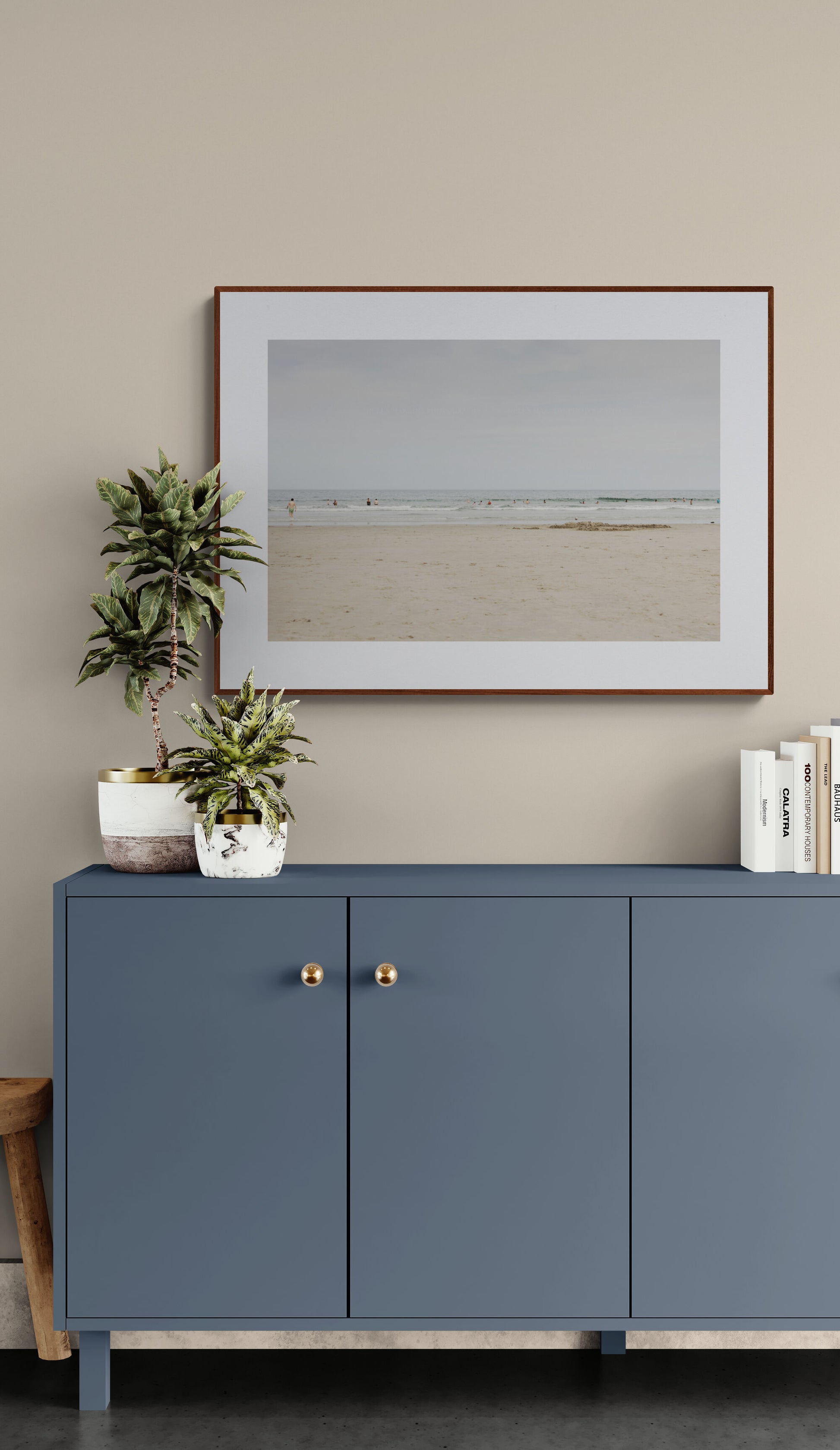 Photograph print of summer bathers in the gloucester beach waters as wall art print decor in a living room.