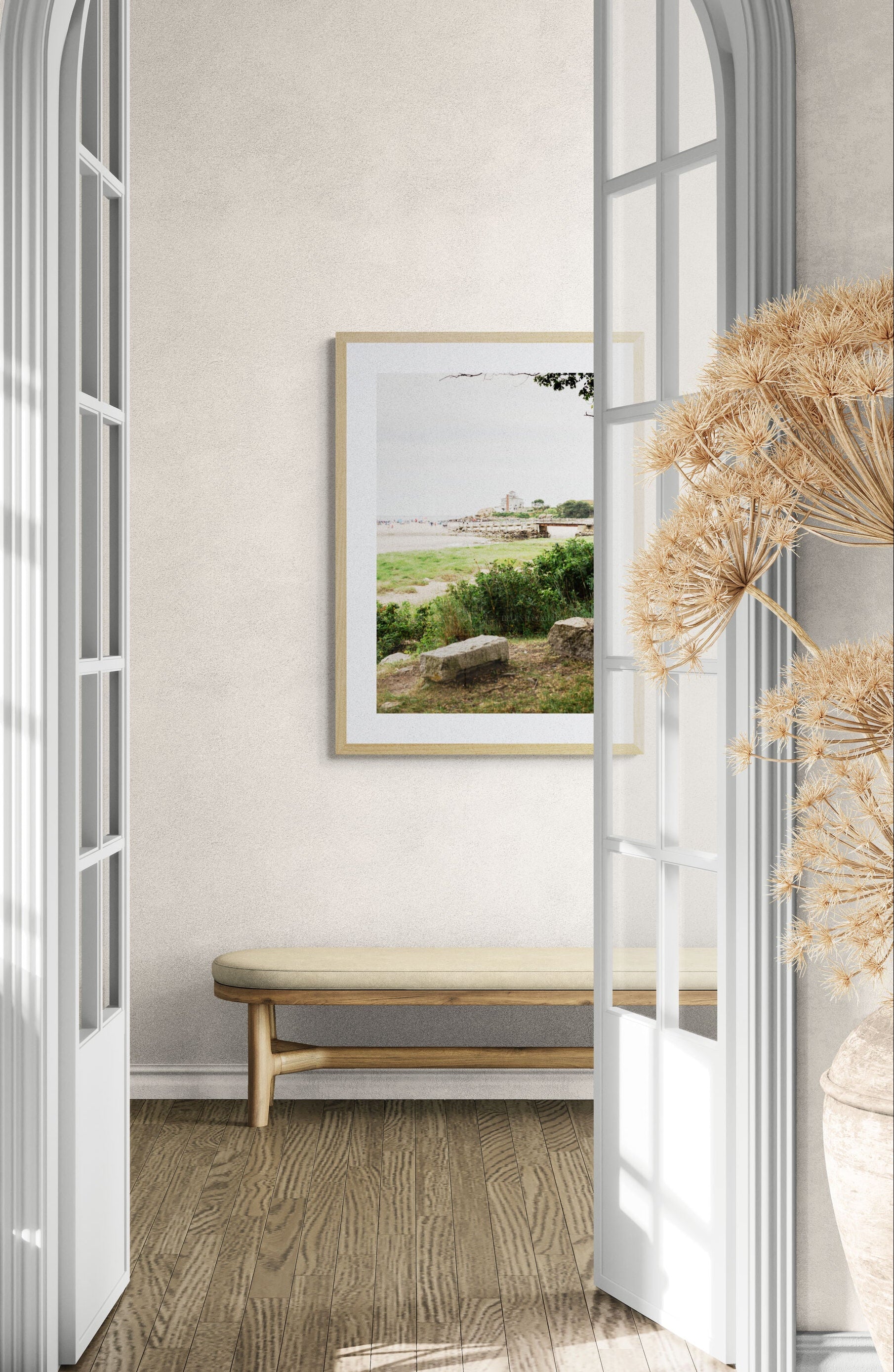 Framed Photograph of a summer beach day in Good Harbor Beach and Pier in Gloucester MA in an entryway as wall art print decor. 