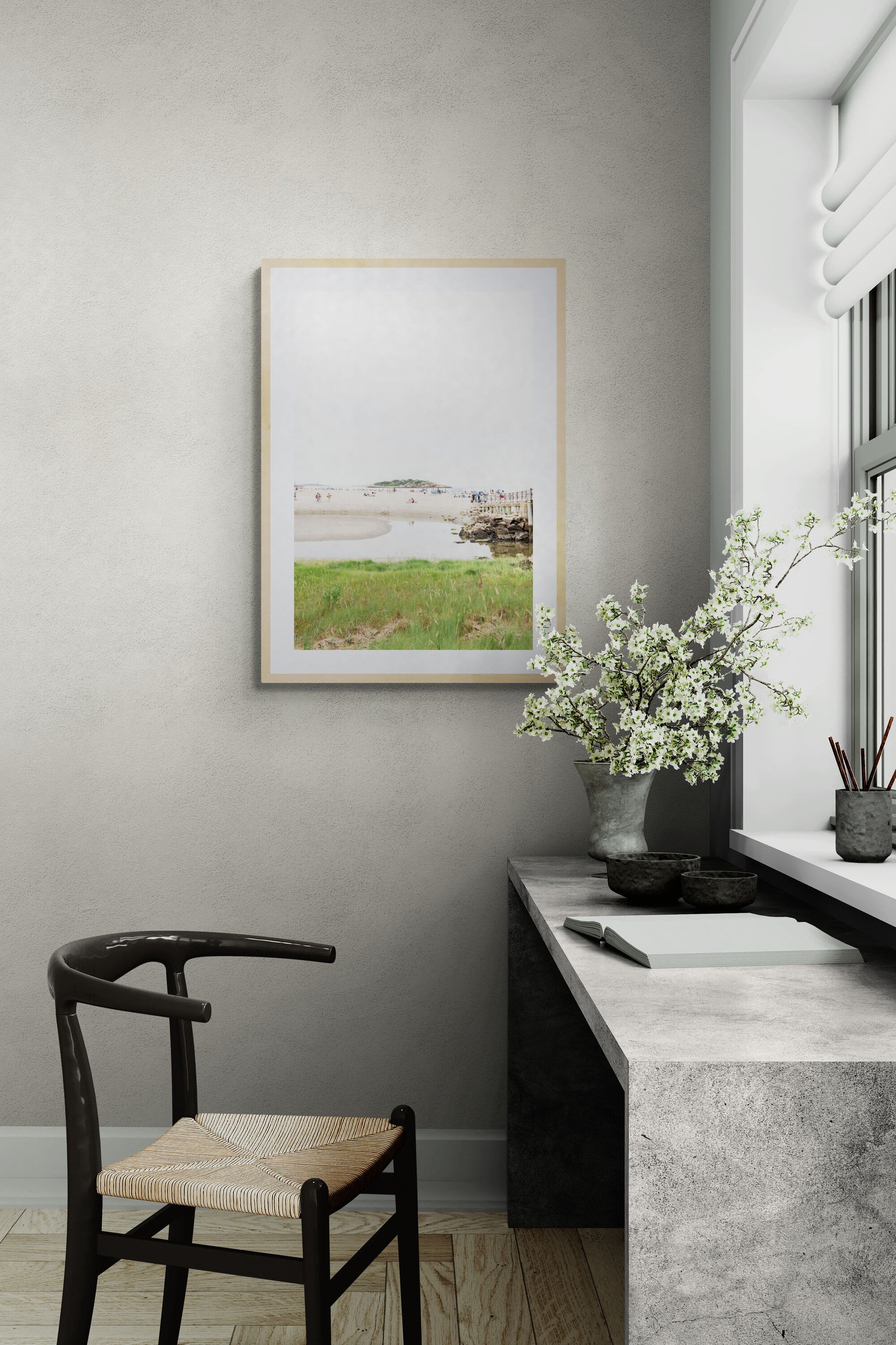 Framed Photograph of Good Harbor Beach and Pier in Gloucester MA in a hallway as wall art print decor. 