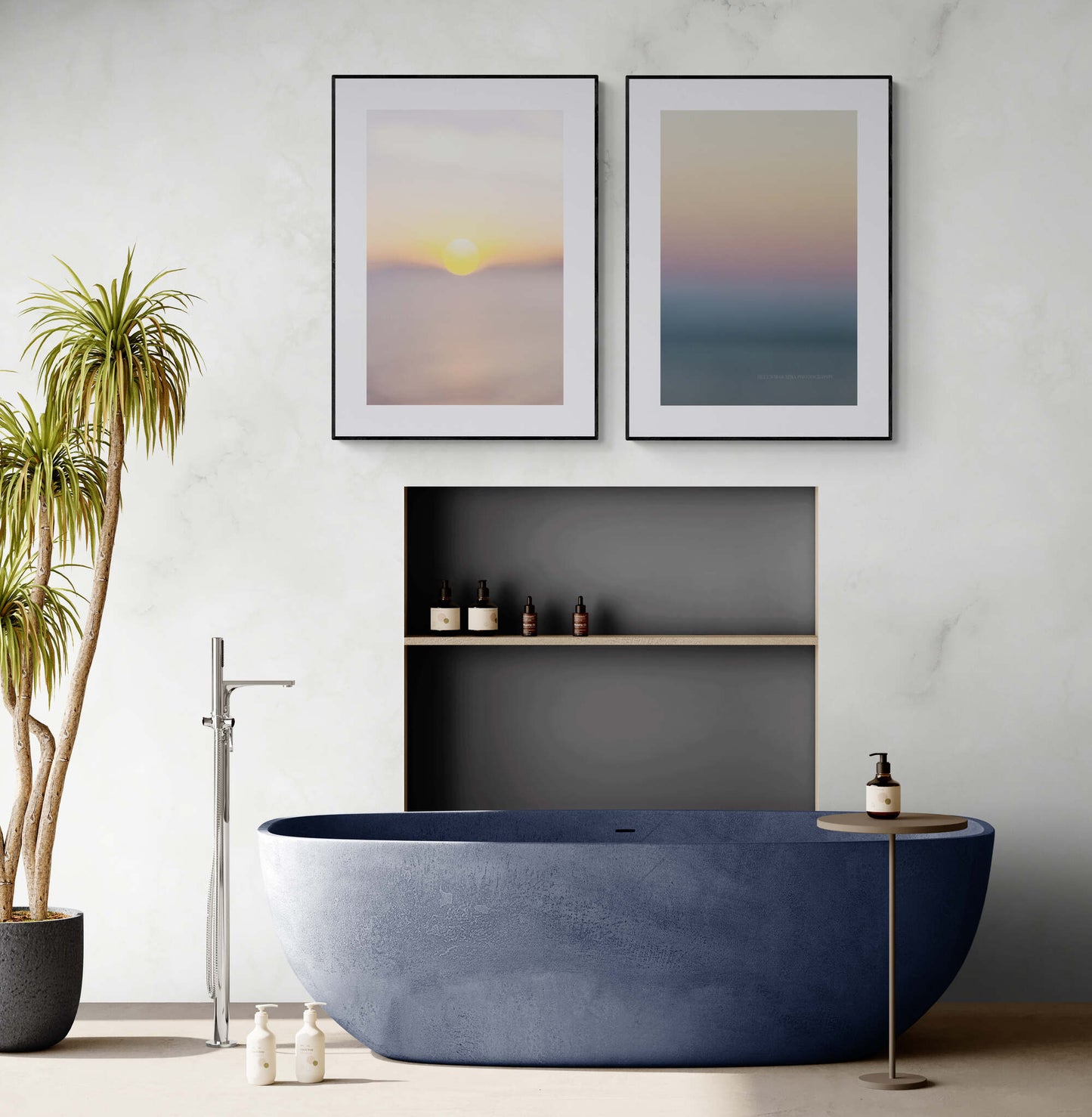 Sun setting and gradient of cool sunset set of two photographs as bathroom wall art