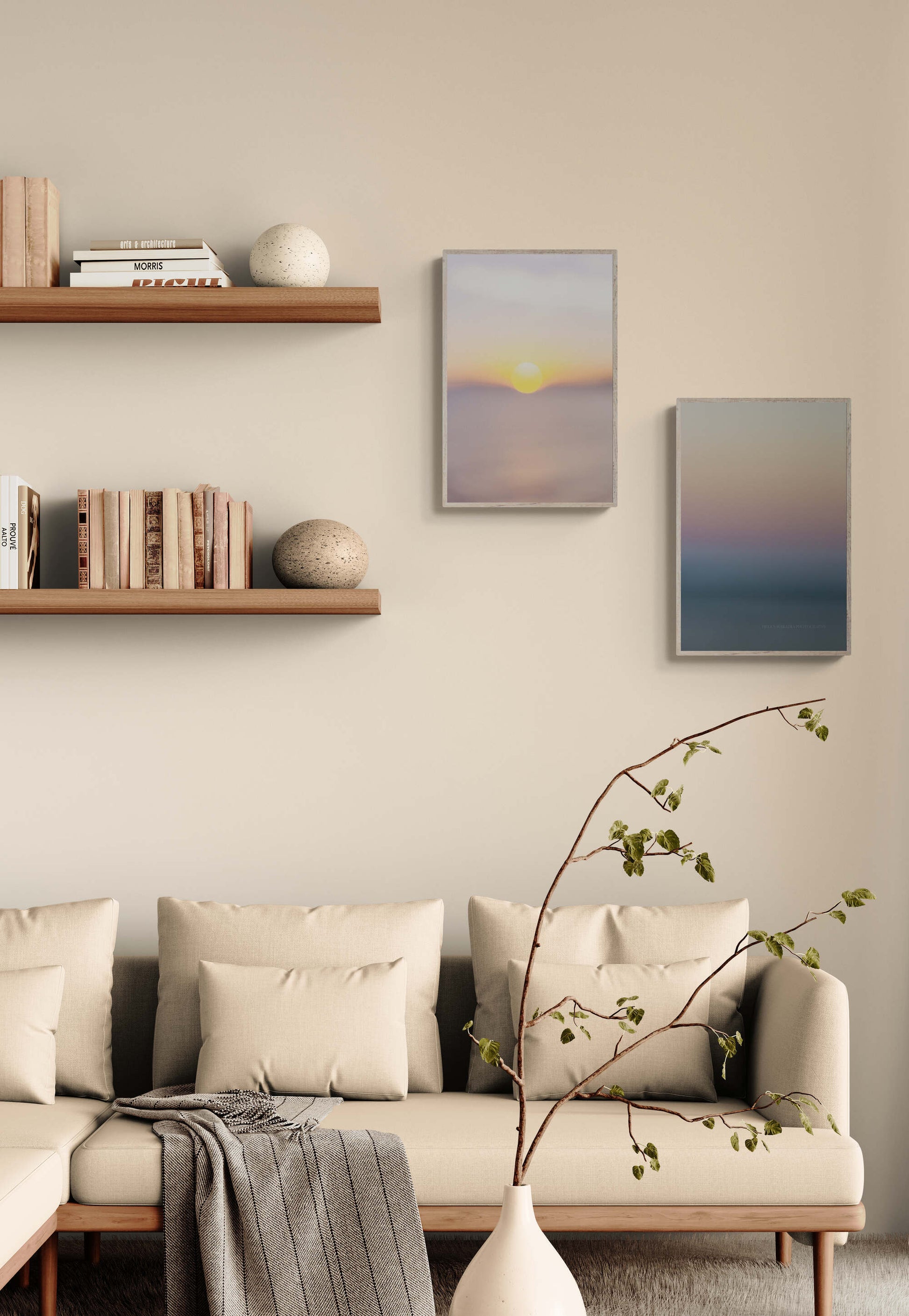 Sun setting and gradient of cool sunset set of two photographs as living room wall art