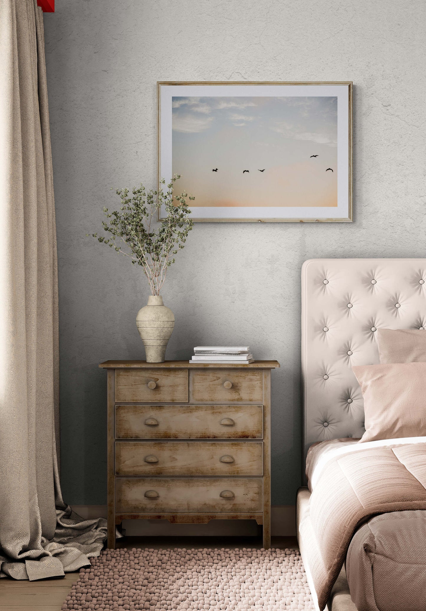 Sunset skies and pelicans photograph as bedroom wall art