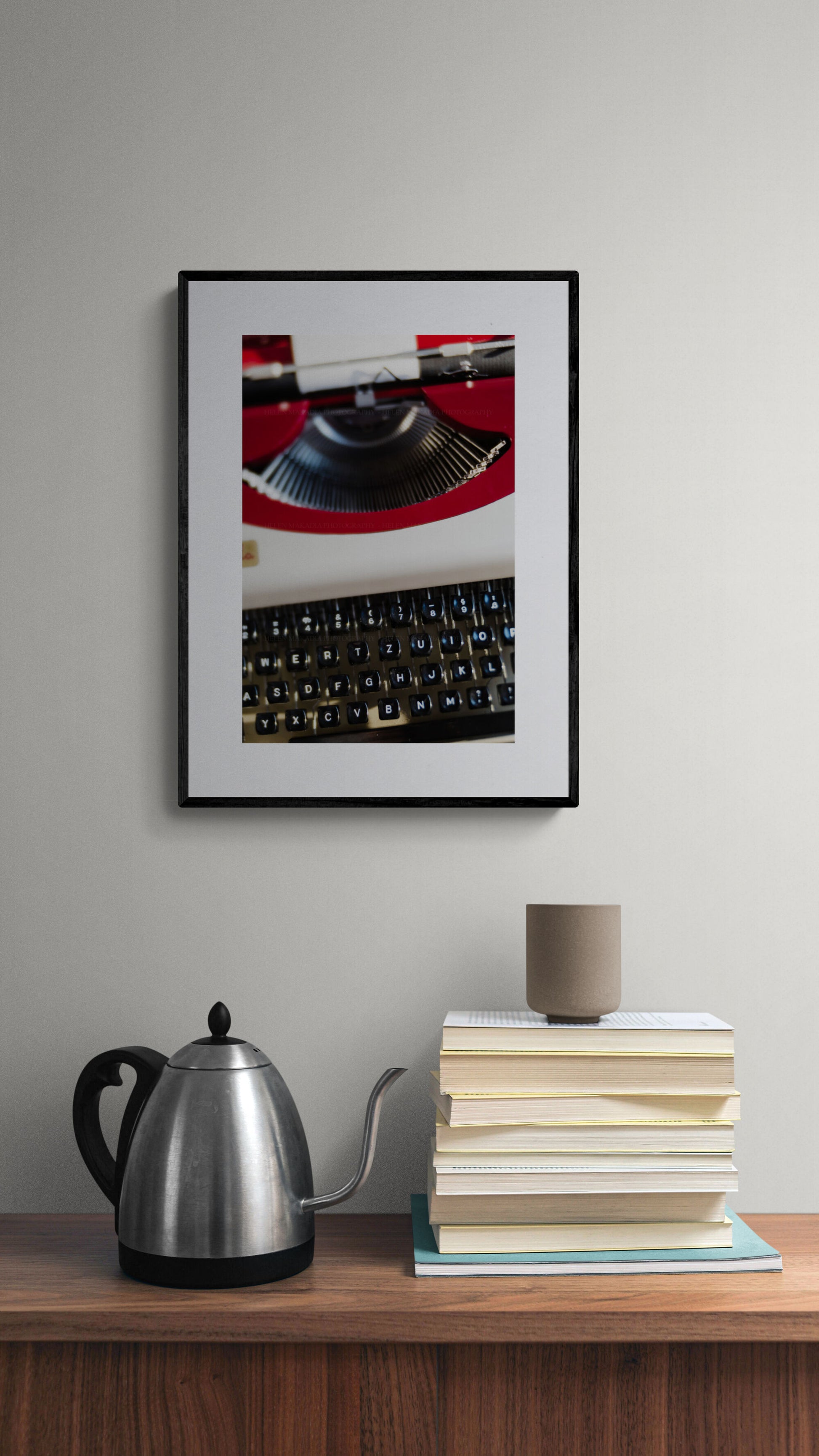Photograph of typewriter in a kitchen