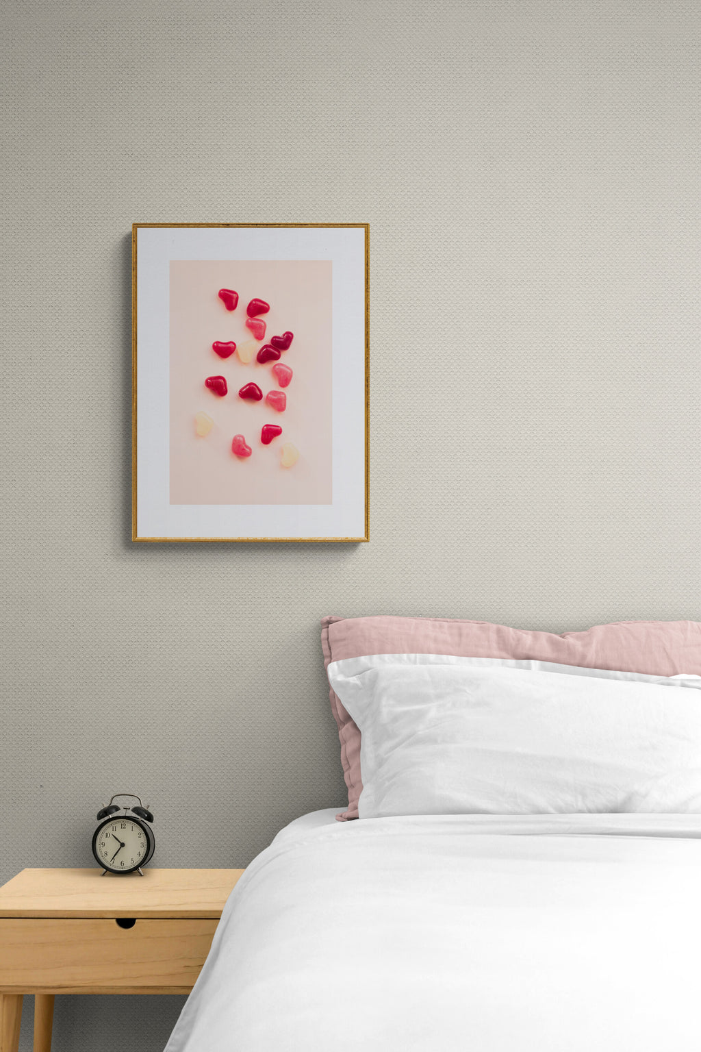 Whimsical hearts photograph print as wall art in a bedroom