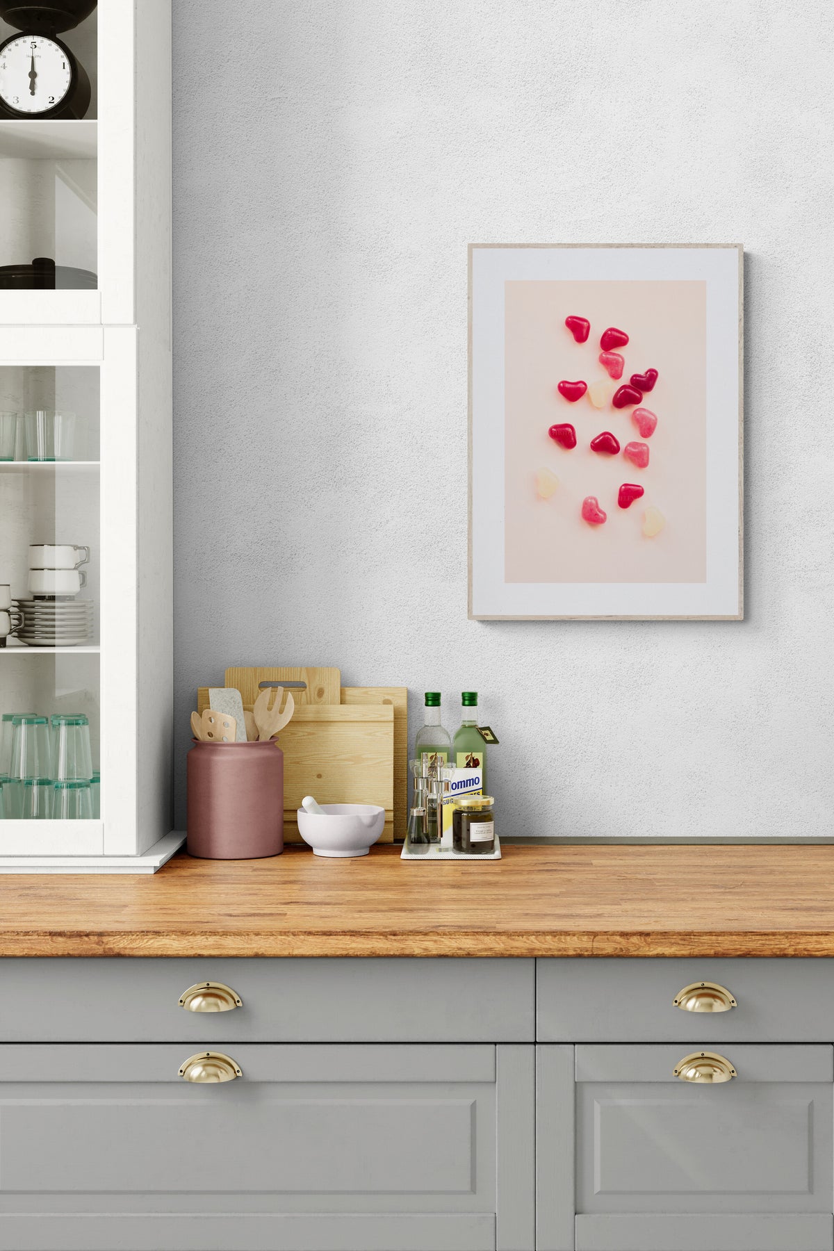 Whimsical hearts photograph print as wall art in a kitchen.