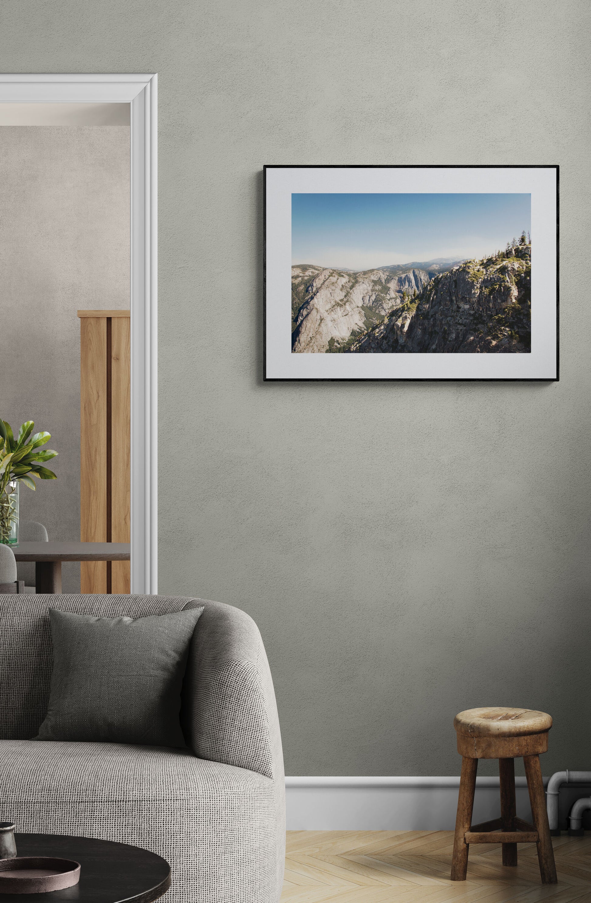 PHotograph of the Glacier Point view in Yosemite National Park, in a living room as wall decor.