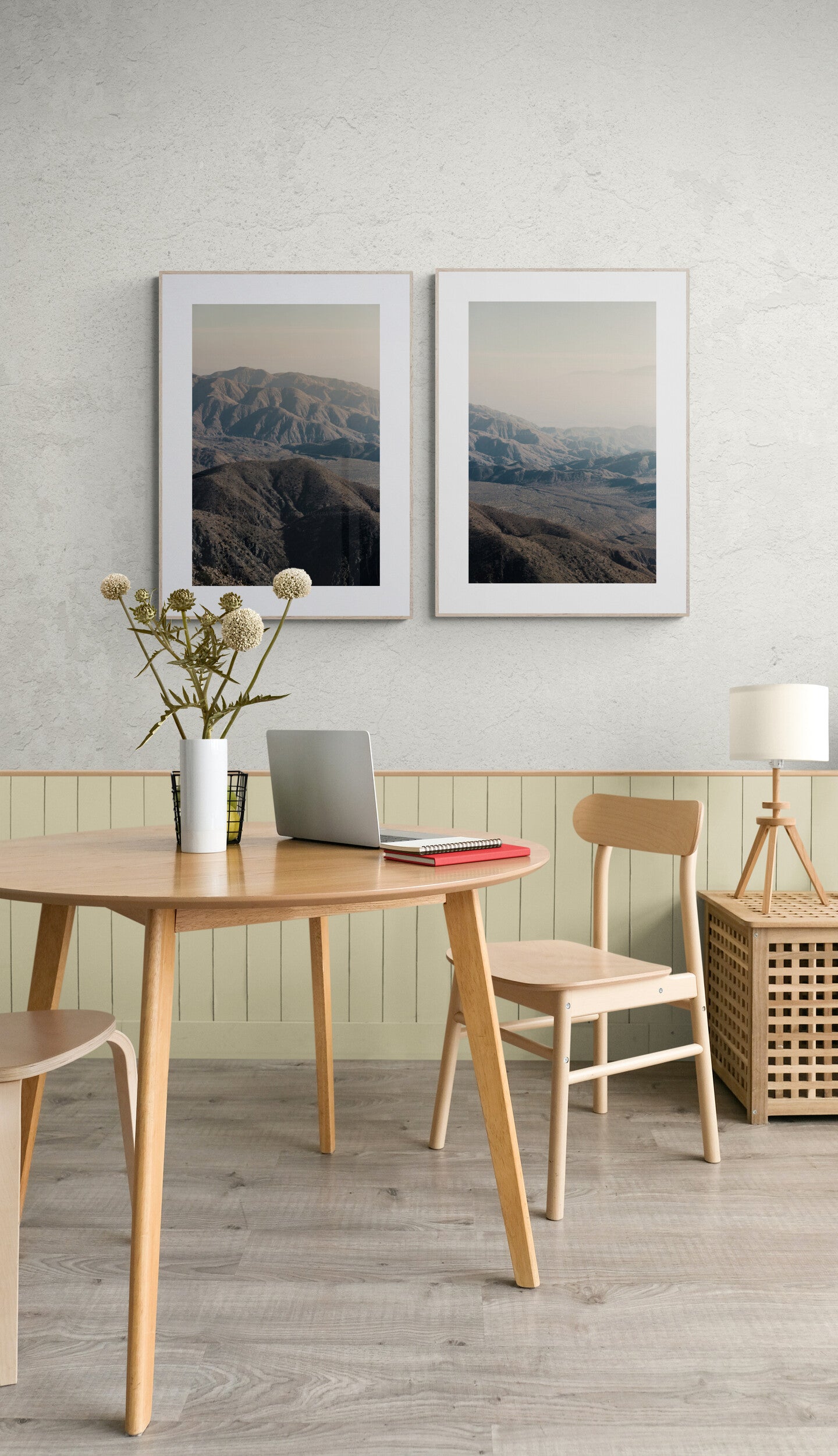 Two Photograph Prints of California Mountains as Wall Art in a casual home office or dining room