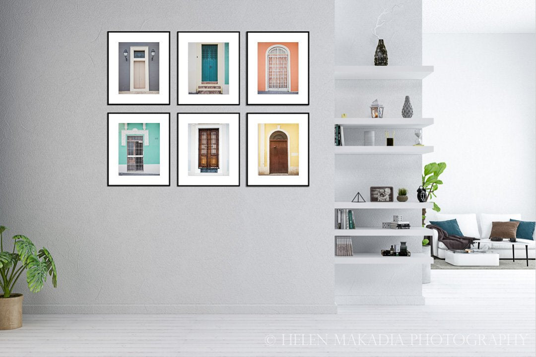 Set of 6 Colorful Door Photographs of Old San Juan on the wall