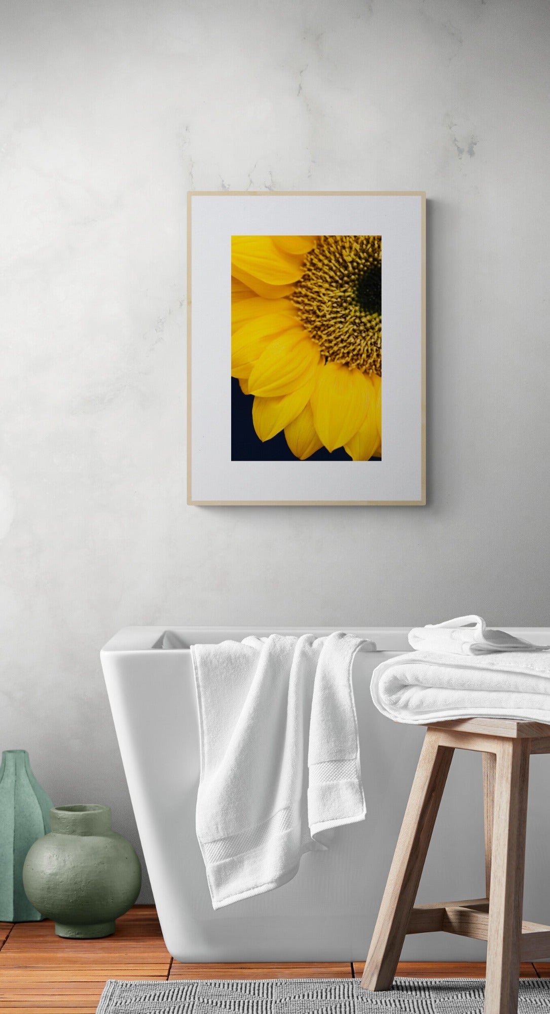 Abstract Close Up Photograph of a Sunflower as Wall Art in a Bathroom