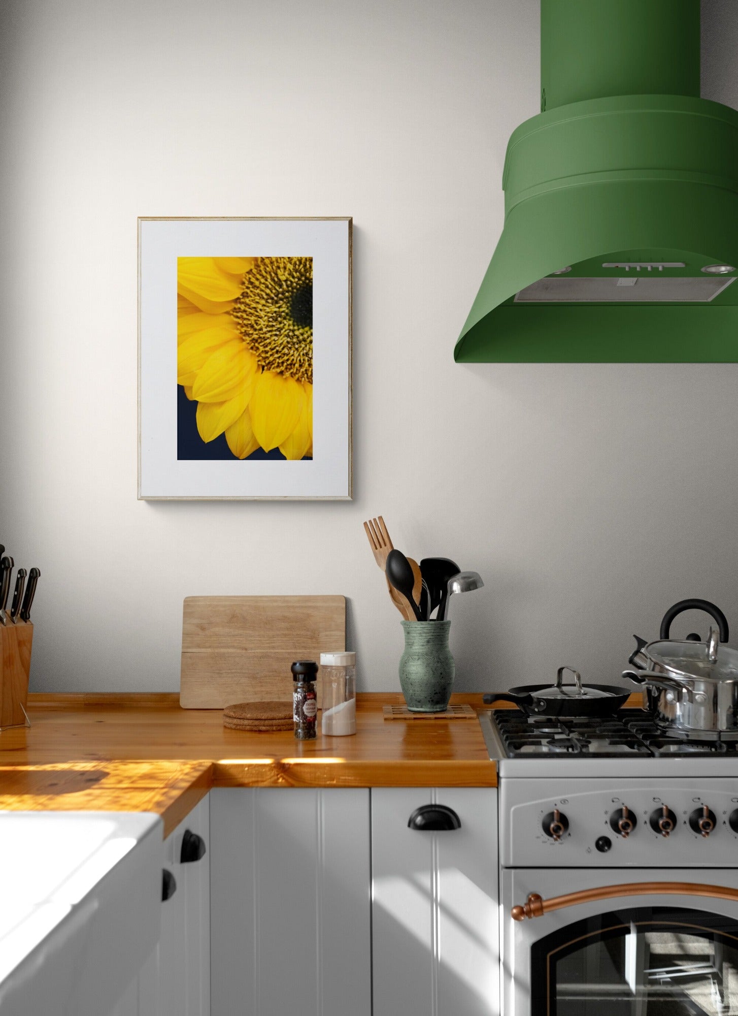Abstract Close Up Photograph of a Sunflower as Wall Art in a Kitchen