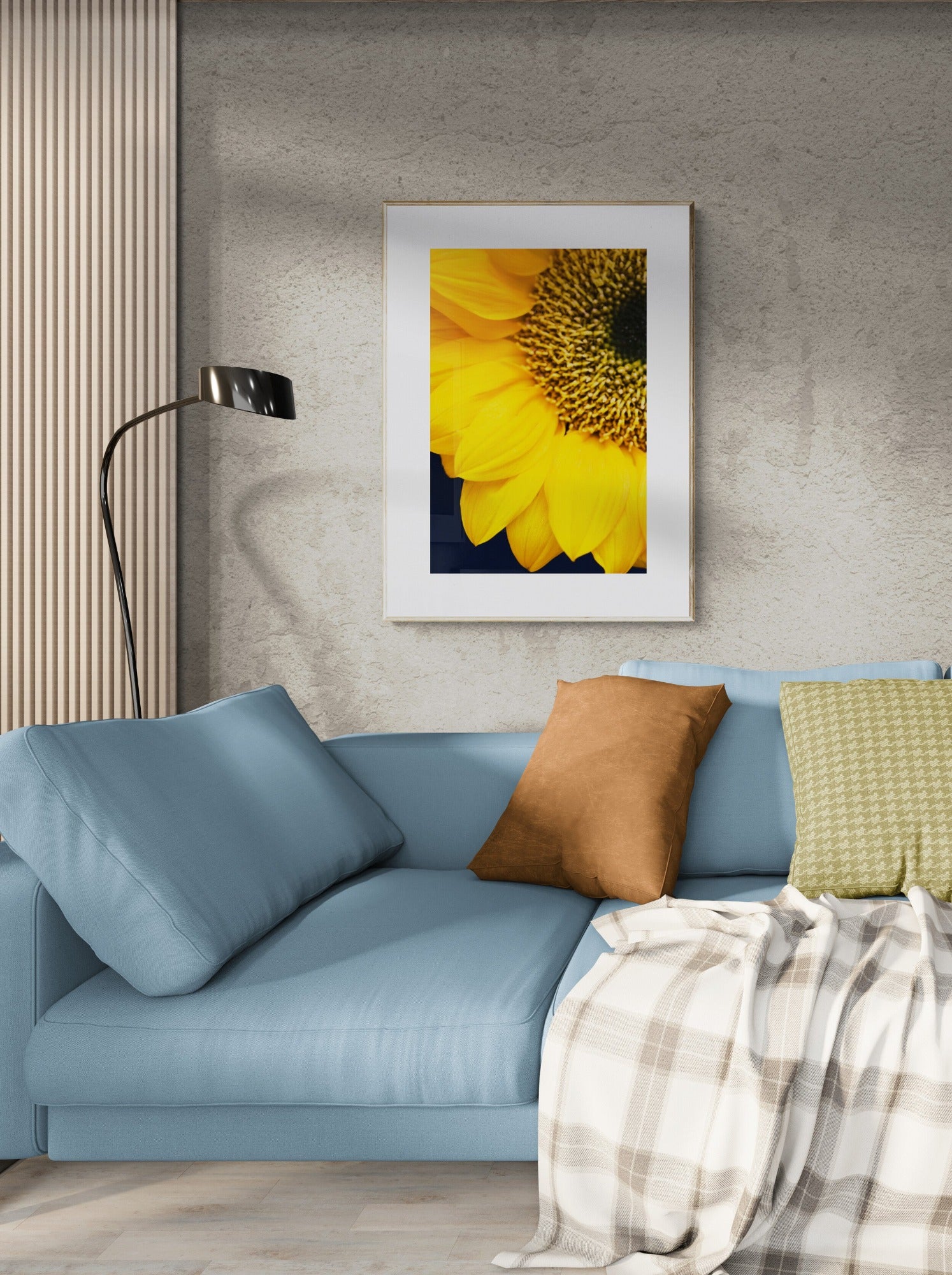 Abstract Close Up Photograph of a Sunflower as Wall Art in a Living Room