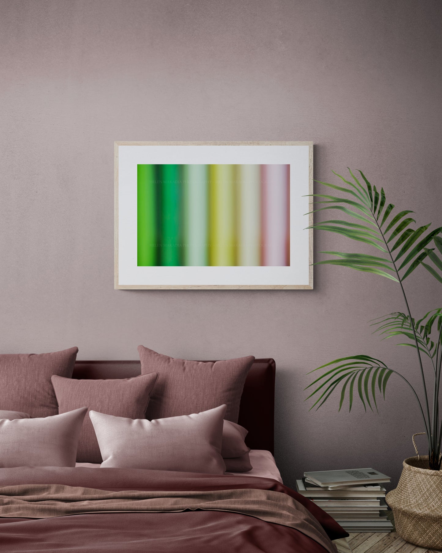Abstract Gradient colors from pink to green in a photograph in a bedroom as wall art