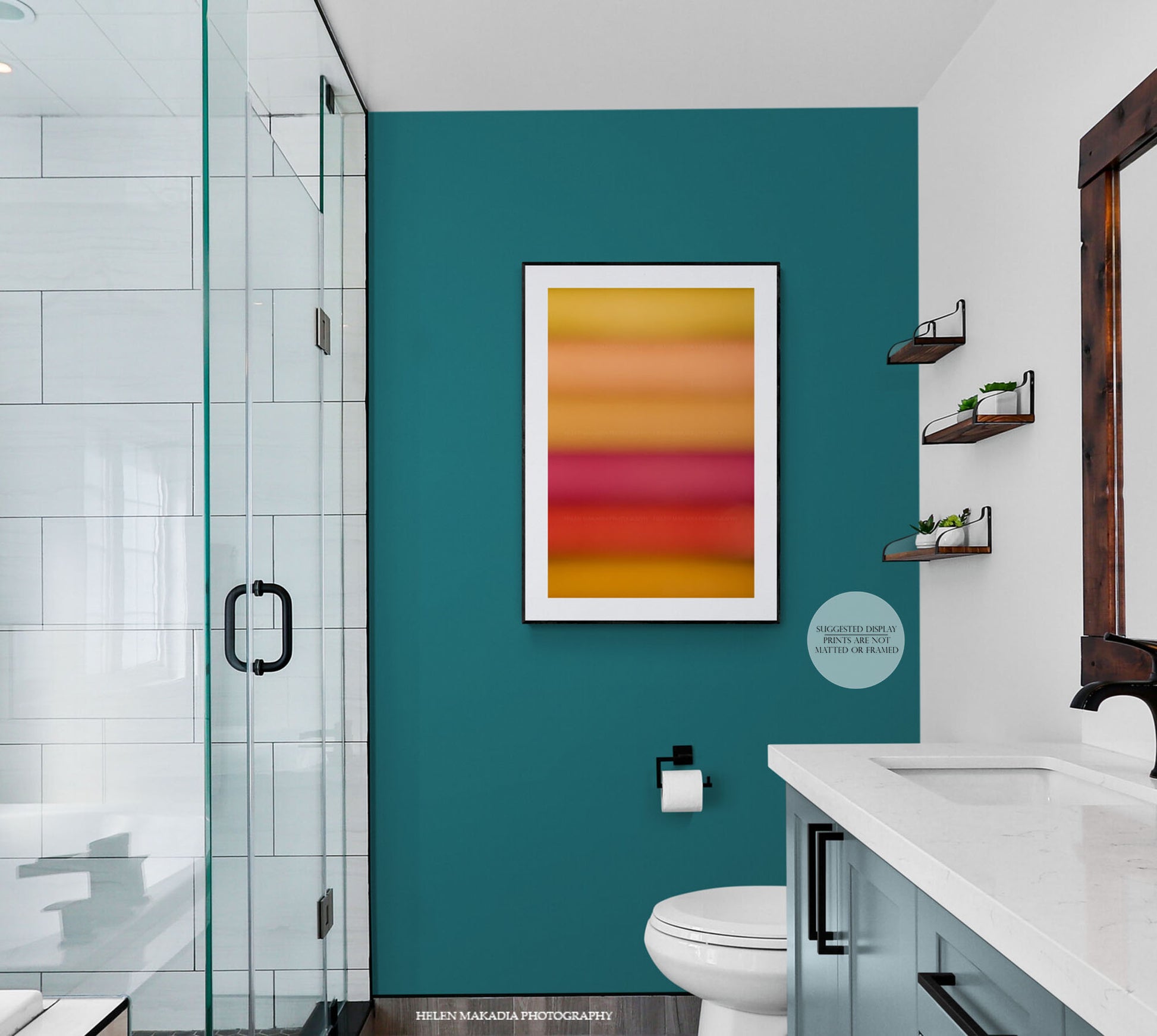 Framed Photograph of Yellow and Pink Abstract Colors, in a bathroom