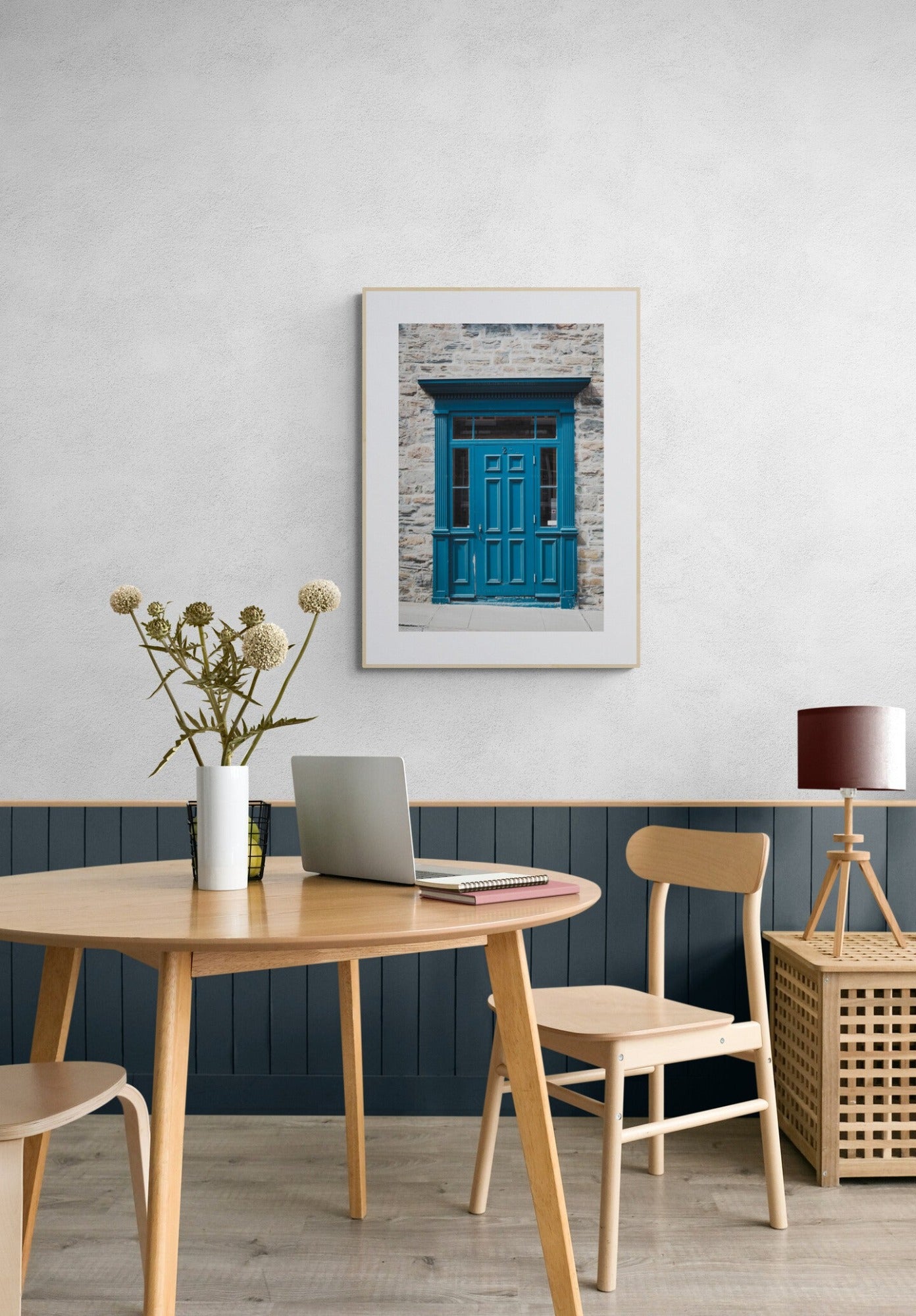 Blue Wood door of old quebec city photograph print in a dining room
