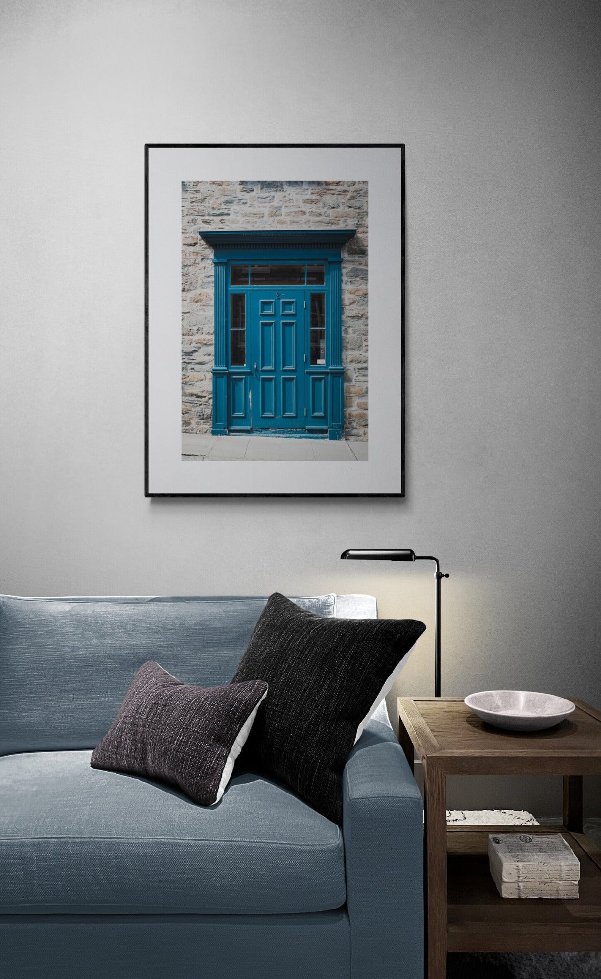 Blue Wood door of old quebec city photograph print in a living room