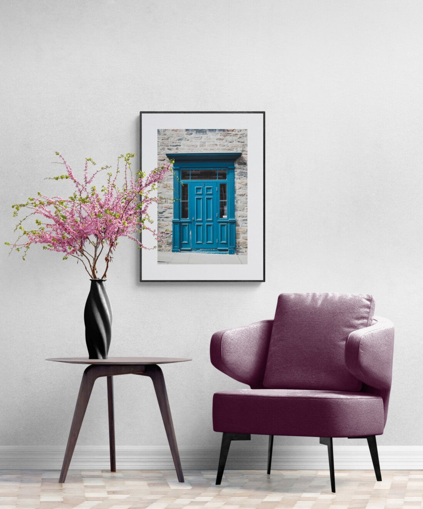 Blue Wood door of old quebec city photograph print in a sitting room