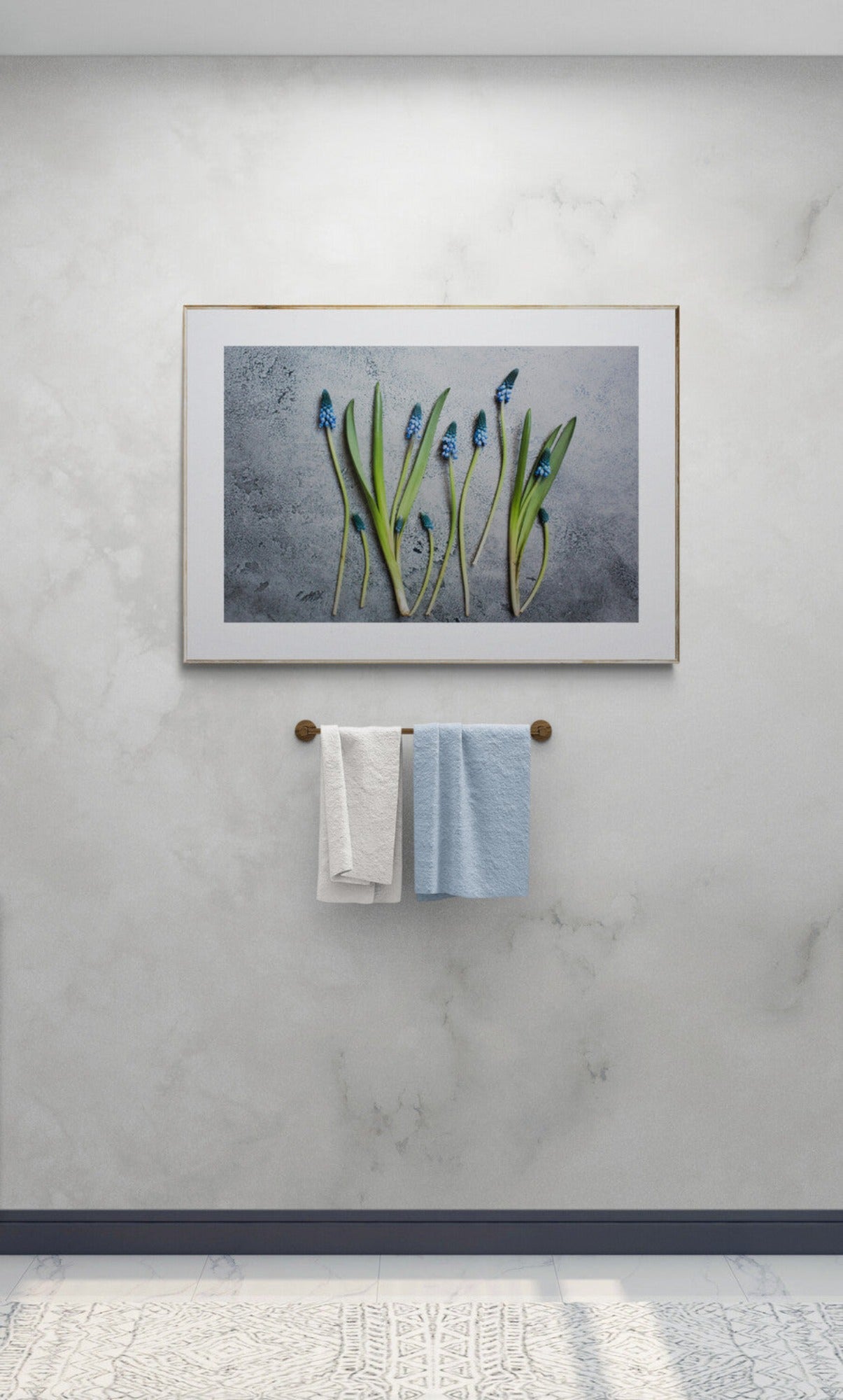 Blue flowers photograph as wall art in a bathroom