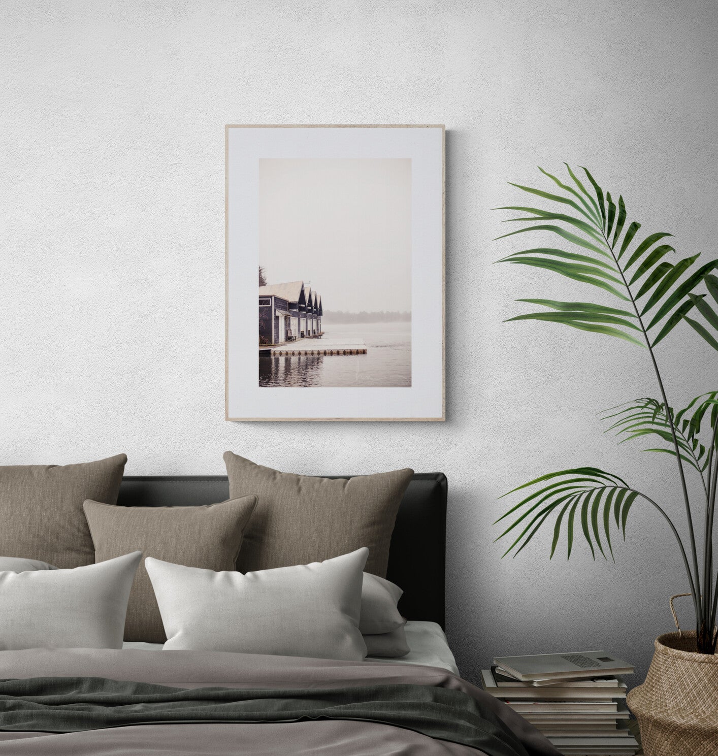 boathouse on a lake photograph print in a bedroom as wall art